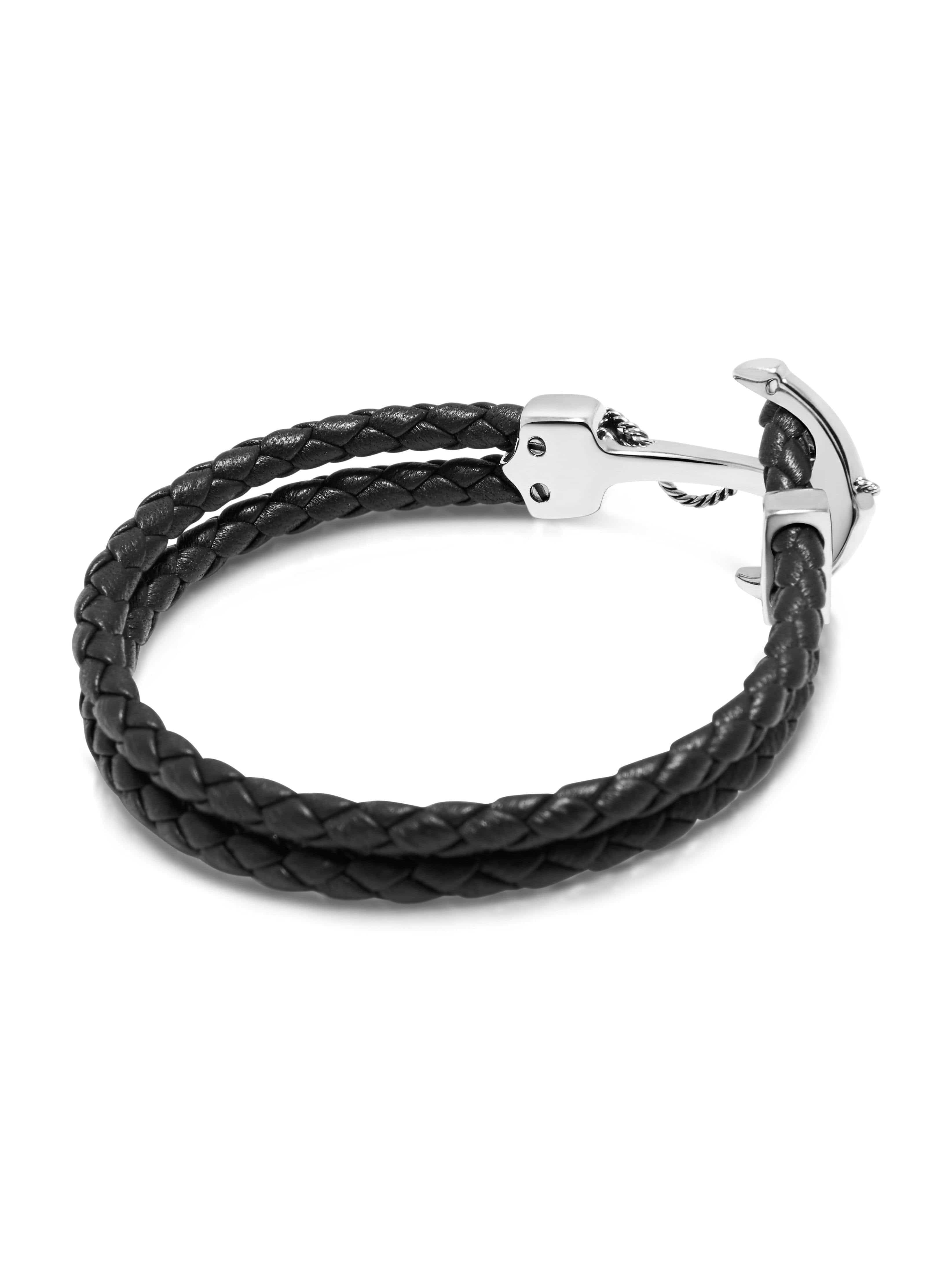 Nialaya Men's Leather Bracelet Men's Black Leather Bracelet with Silver Anchor