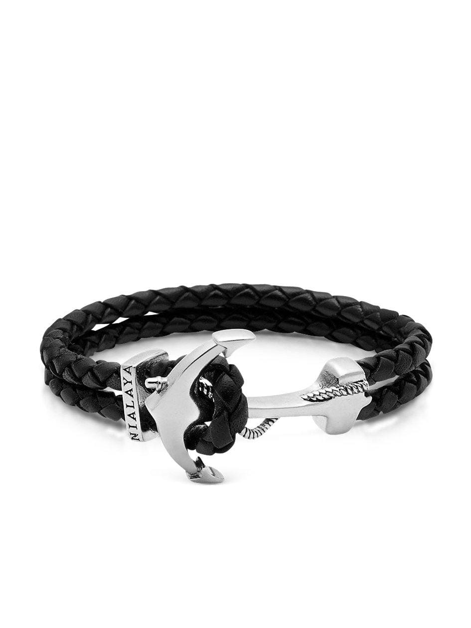 Nialaya Men's Leather Bracelet Men's Black Leather Bracelet with Silver Anchor