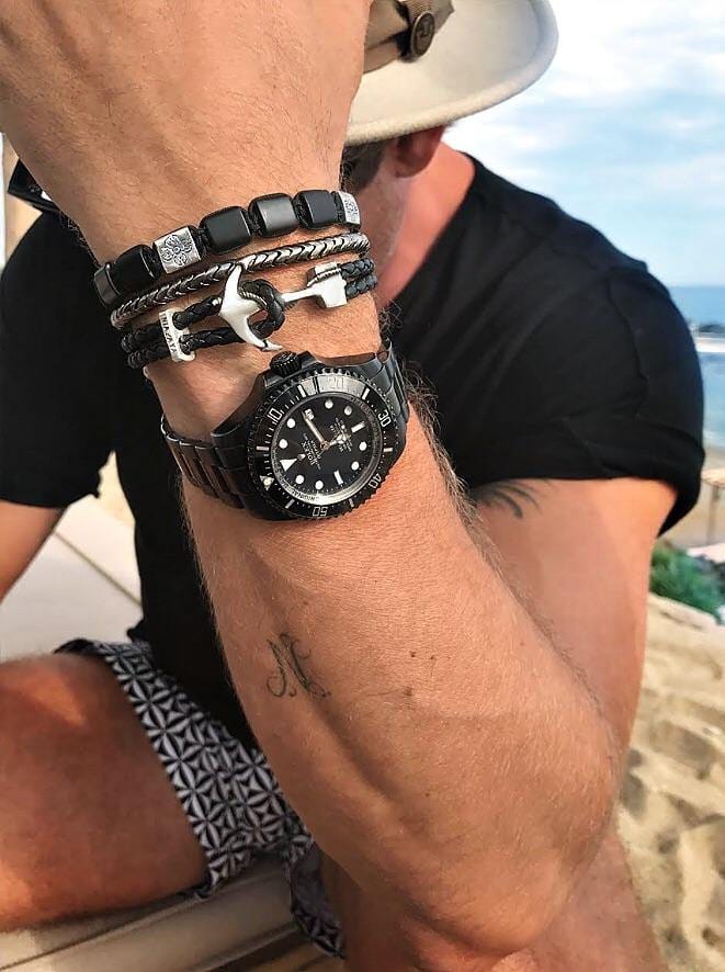 Nialaya Men's Leather Bracelet Men's Black Leather Bracelet with Silver Anchor