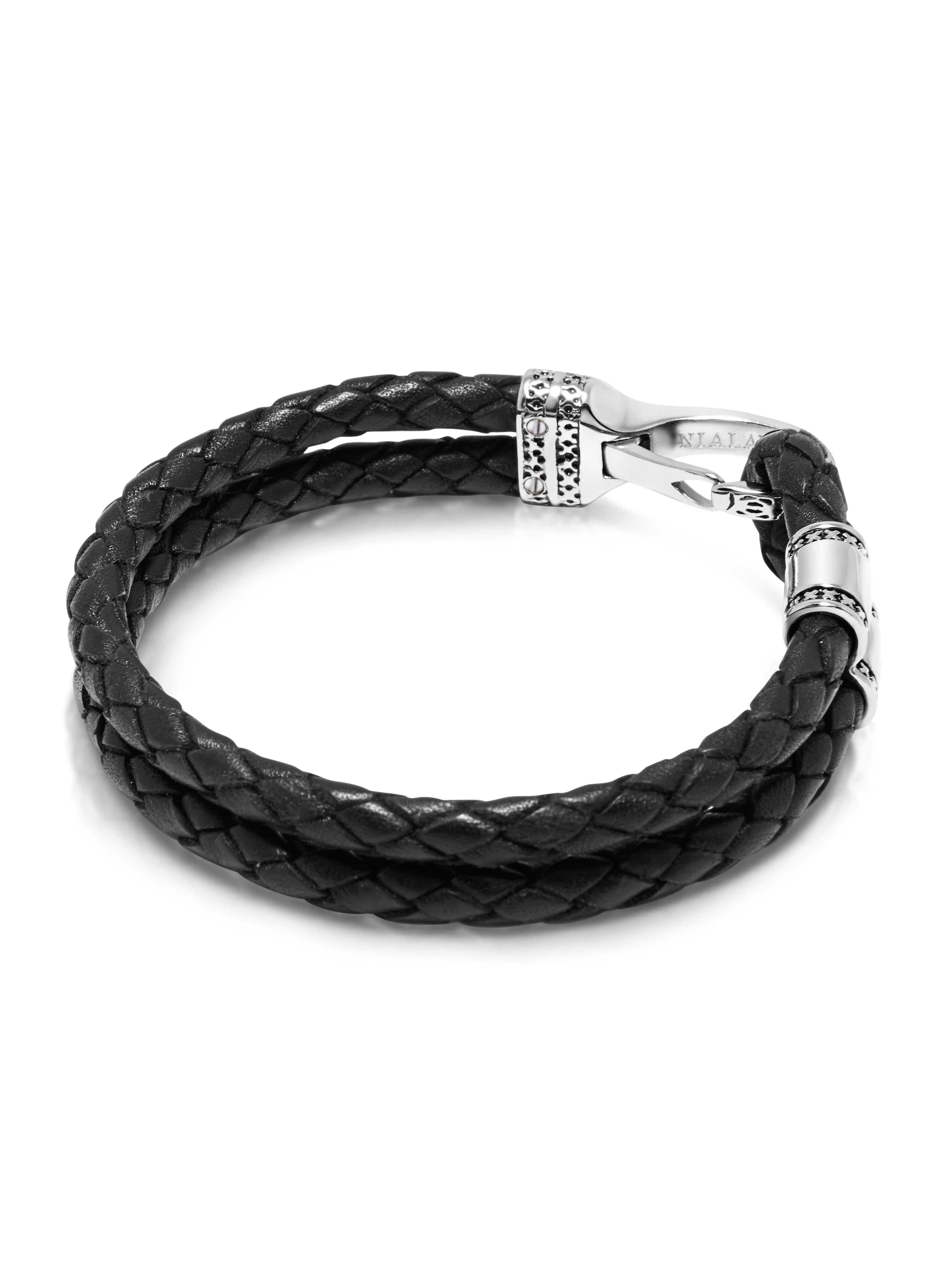 Nialaya Men's Leather Bracelet Men's Black Leather Bracelet with Silver Bali Clasp Lock