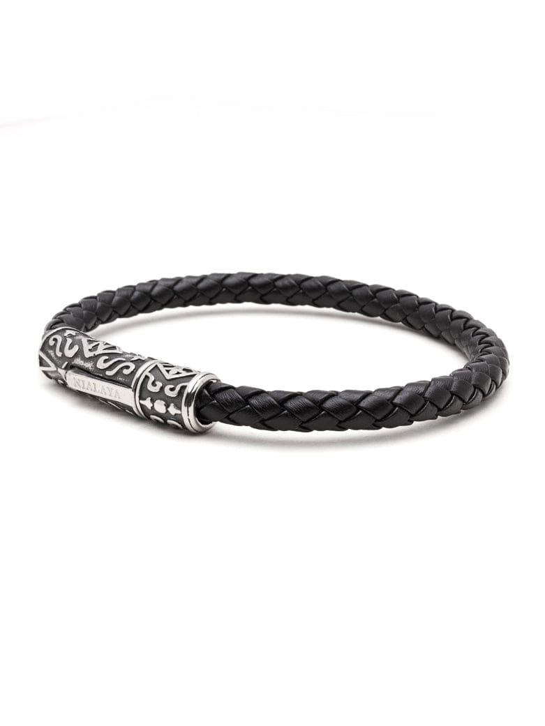 Nialaya Men's Leather Bracelet Men's Black Leather Bracelet with Silver Tube Lock