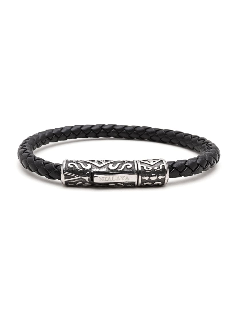 Nialaya Men's Leather Bracelet Men's Black Leather Bracelet with Silver Tube Lock