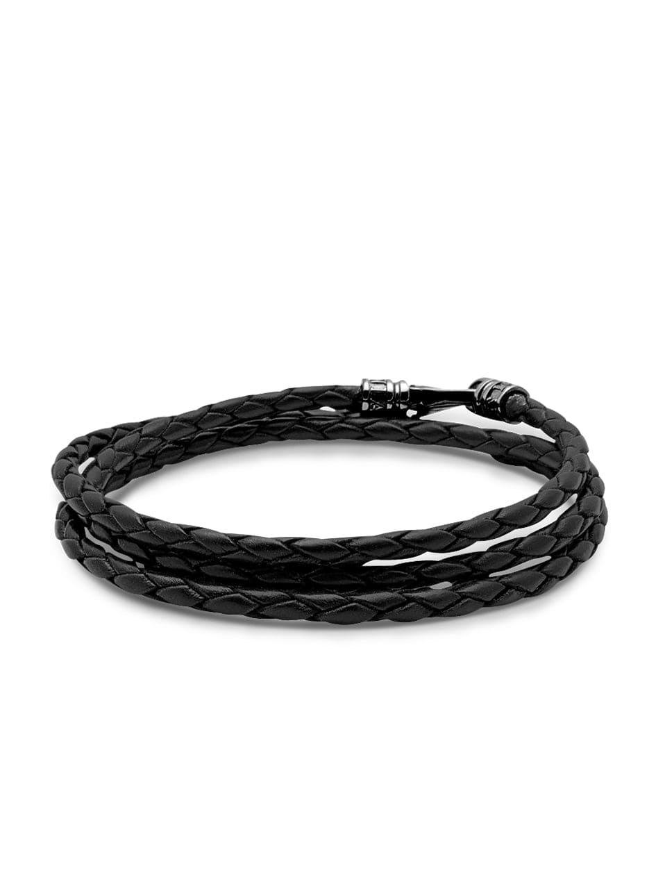 Nialaya Men's Leather Bracelet Men's Black Wrap Around Leather Bracelet