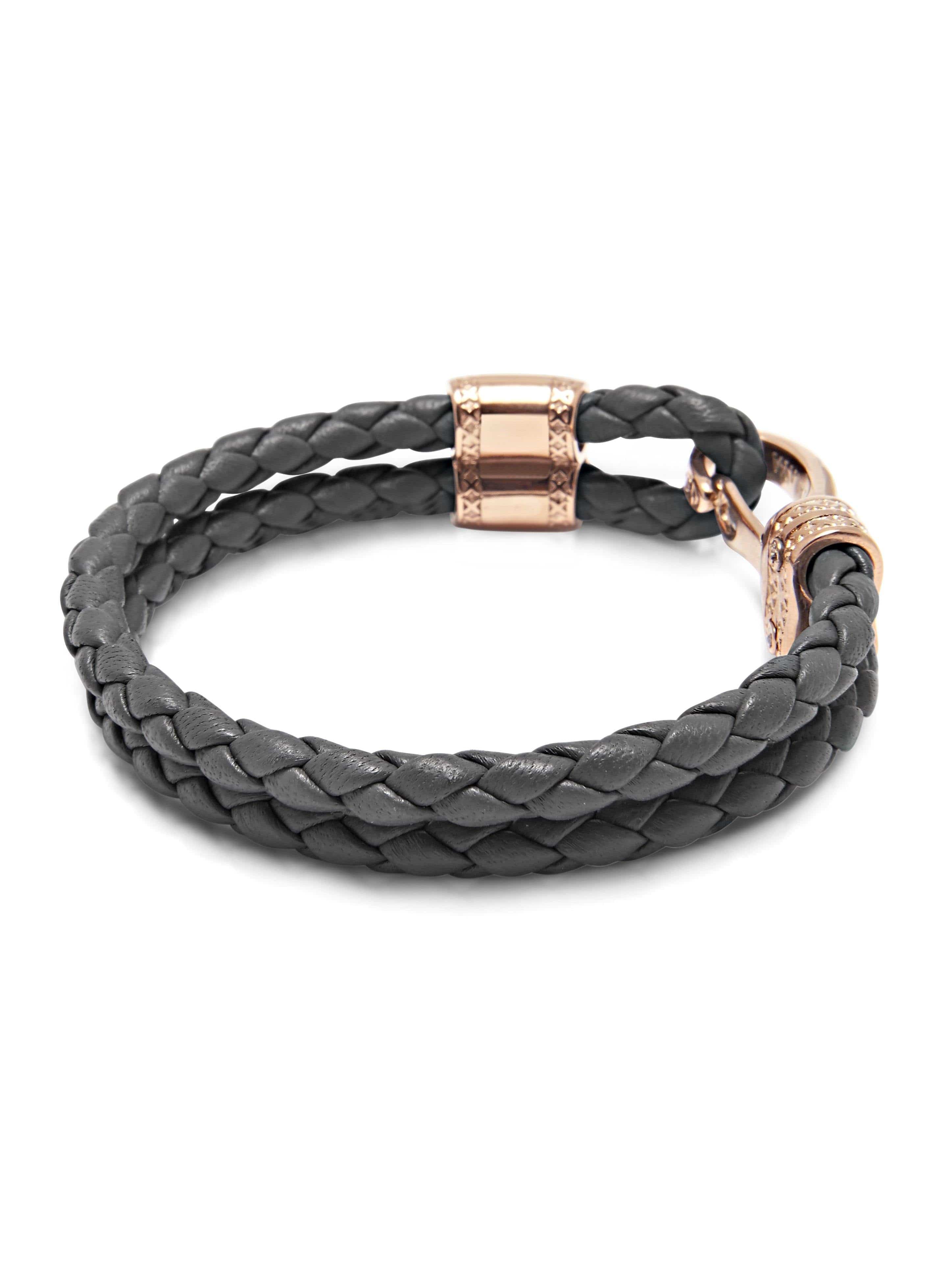 Nialaya Men's Leather Bracelet Men's Grey Leather Bracelet with Rose Gold Bali Clasp Lock L (18cm / 7.1”) / Grey MLTHCO_289