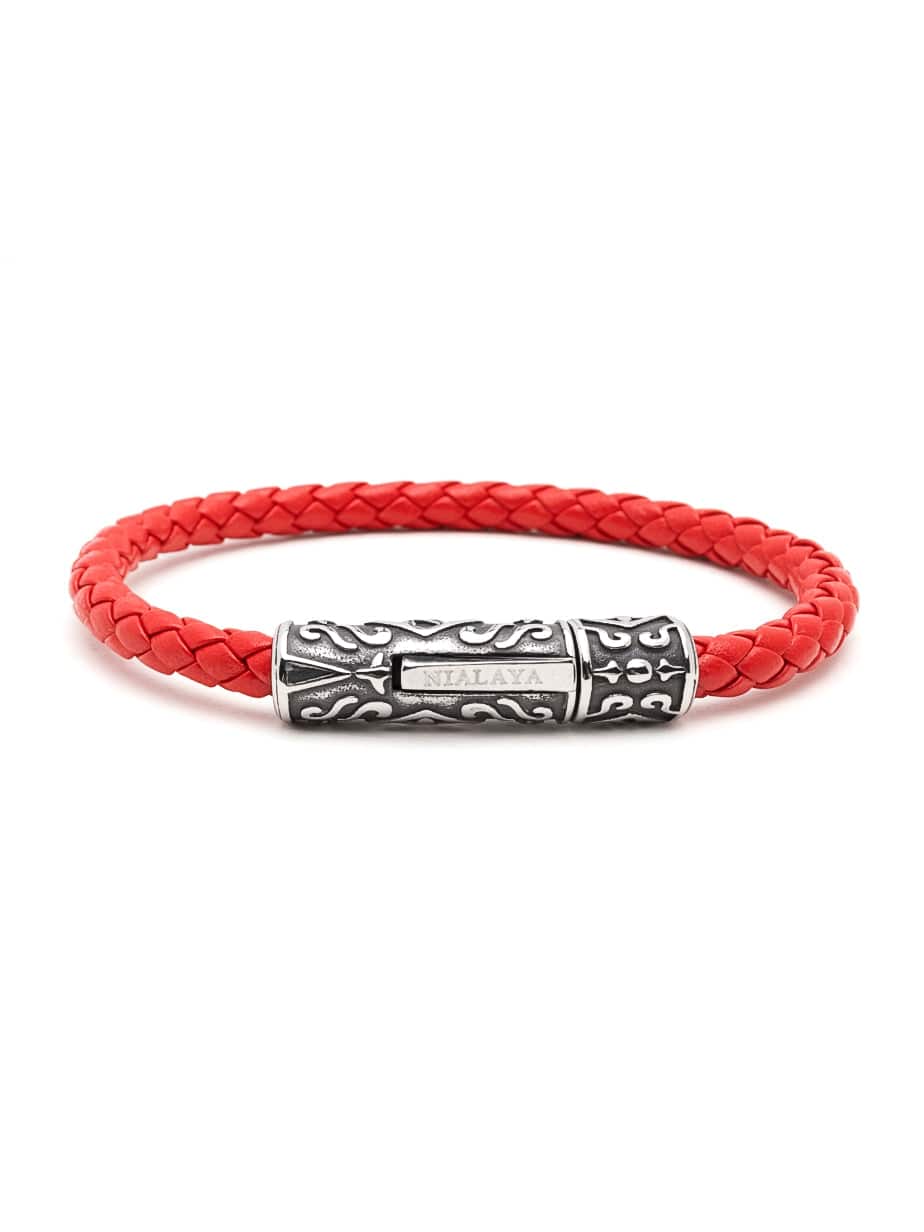 Nialaya Men's Leather Bracelet Men's Red Leather Bracelet with Silver Tube Lock