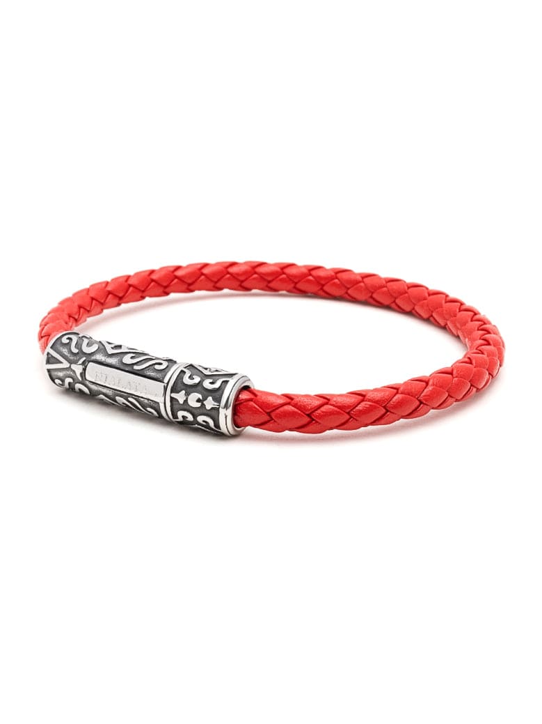 Nialaya Men's Leather Bracelet Men's Red Leather Bracelet with Silver Tube Lock