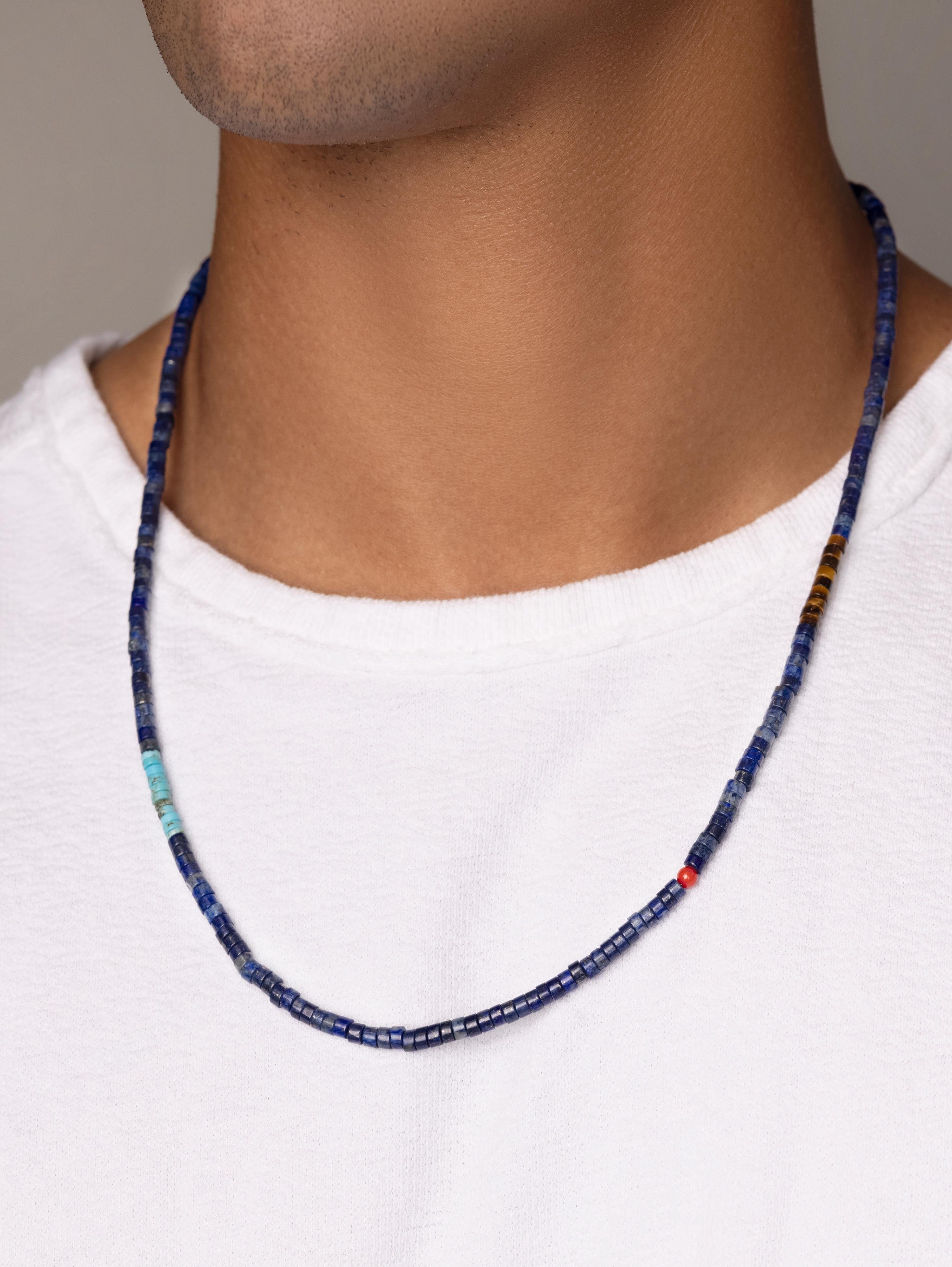 Nialaya Men's Necklace Blue Lapis Heishi Necklace with Tiger Eye and Turquoise 25 Inches / 63.50 cm MNEC_131