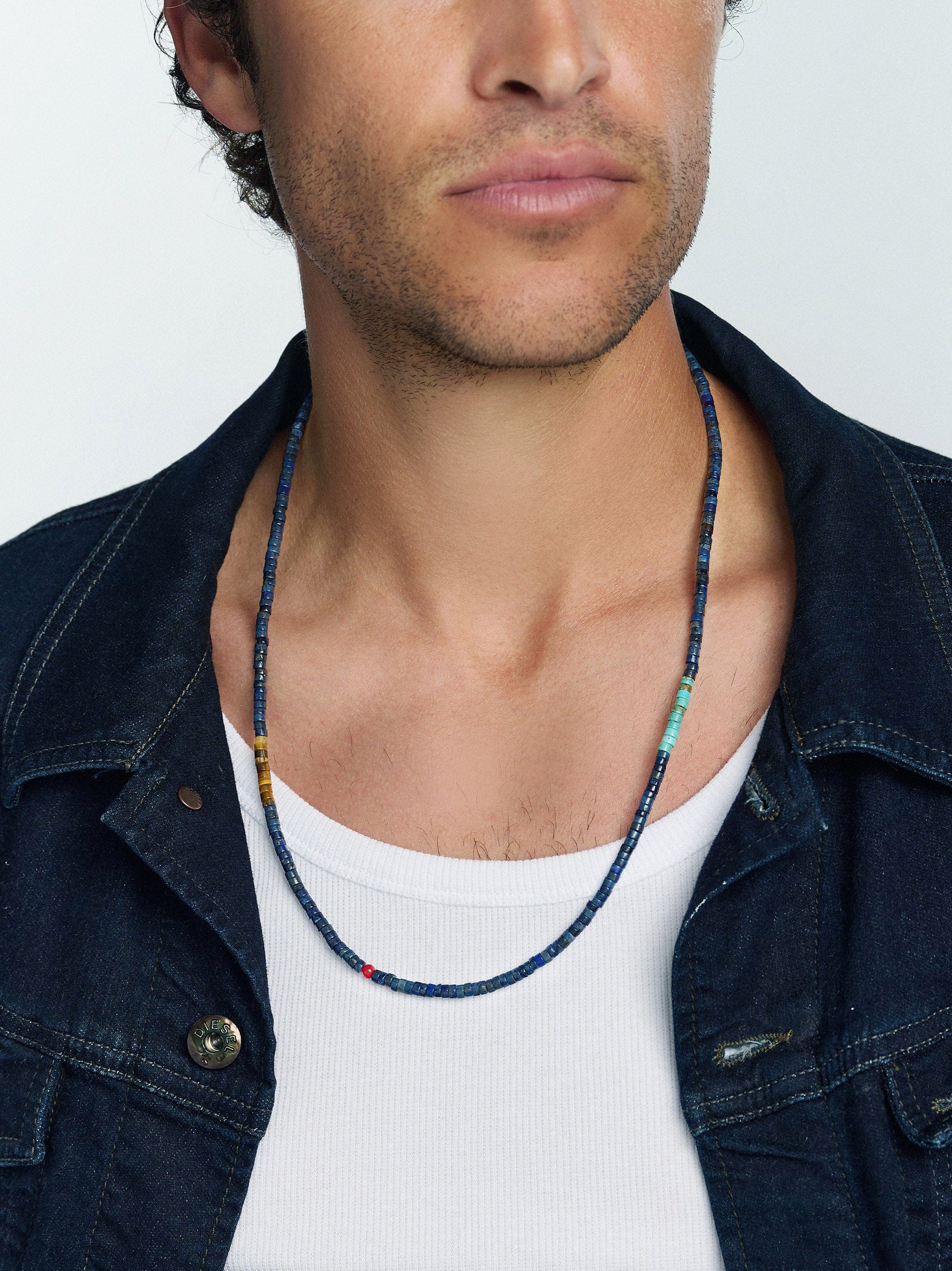 Nialaya Men's Necklace Blue Lapis Heishi Necklace with Tiger Eye and Turquoise Blue Lapis Heishi Necklace with Tiger Eye and Turquoise 25 Inches / 63.50 cm MNEC_131