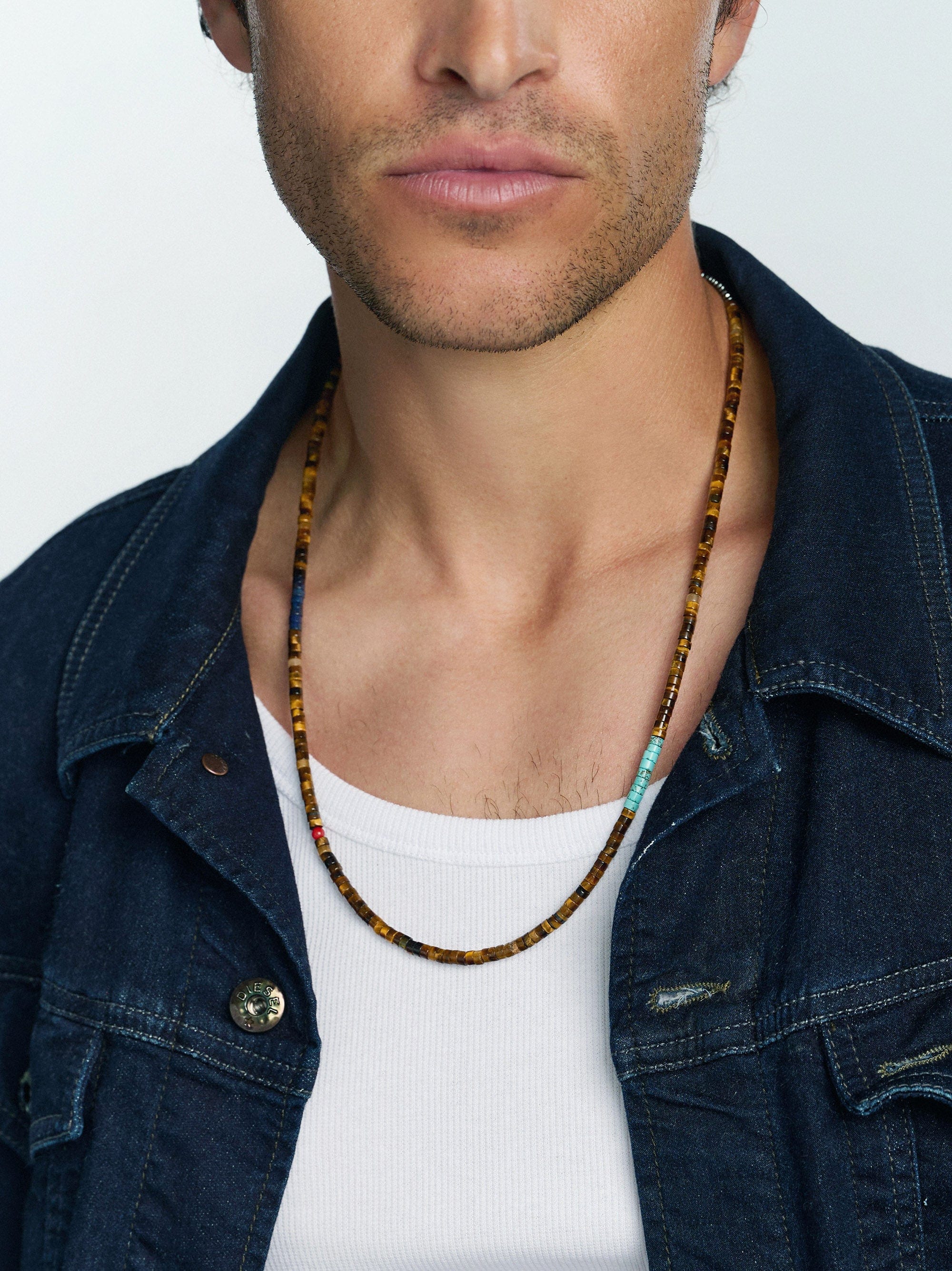 Nialaya Men's Necklace Brown Tiger Eye Heishi Necklace with Blue Lapis and Turquoise Brown Tiger Eye Heishi Necklace with Blue Lapis and Turquoise 25 Inches / 63.50 cm MNEC_132