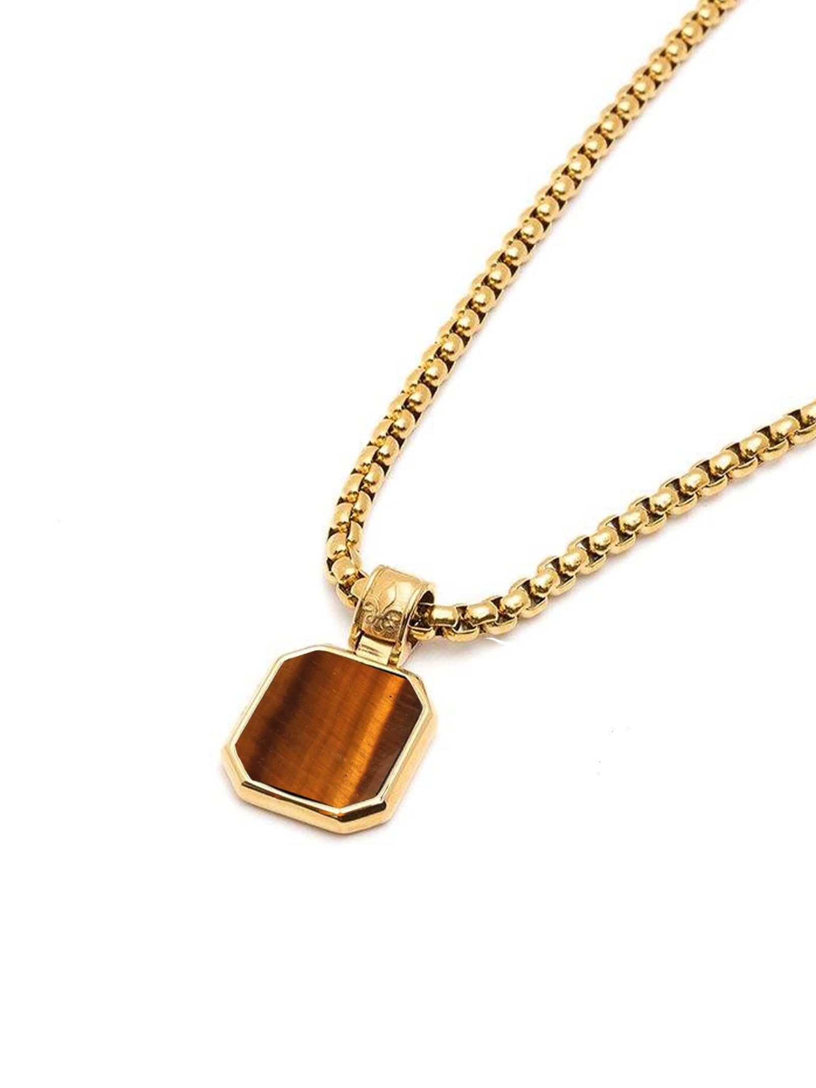 Nialaya Men's Necklace Gold Necklace with Square Brown Tiger Eye Pendant