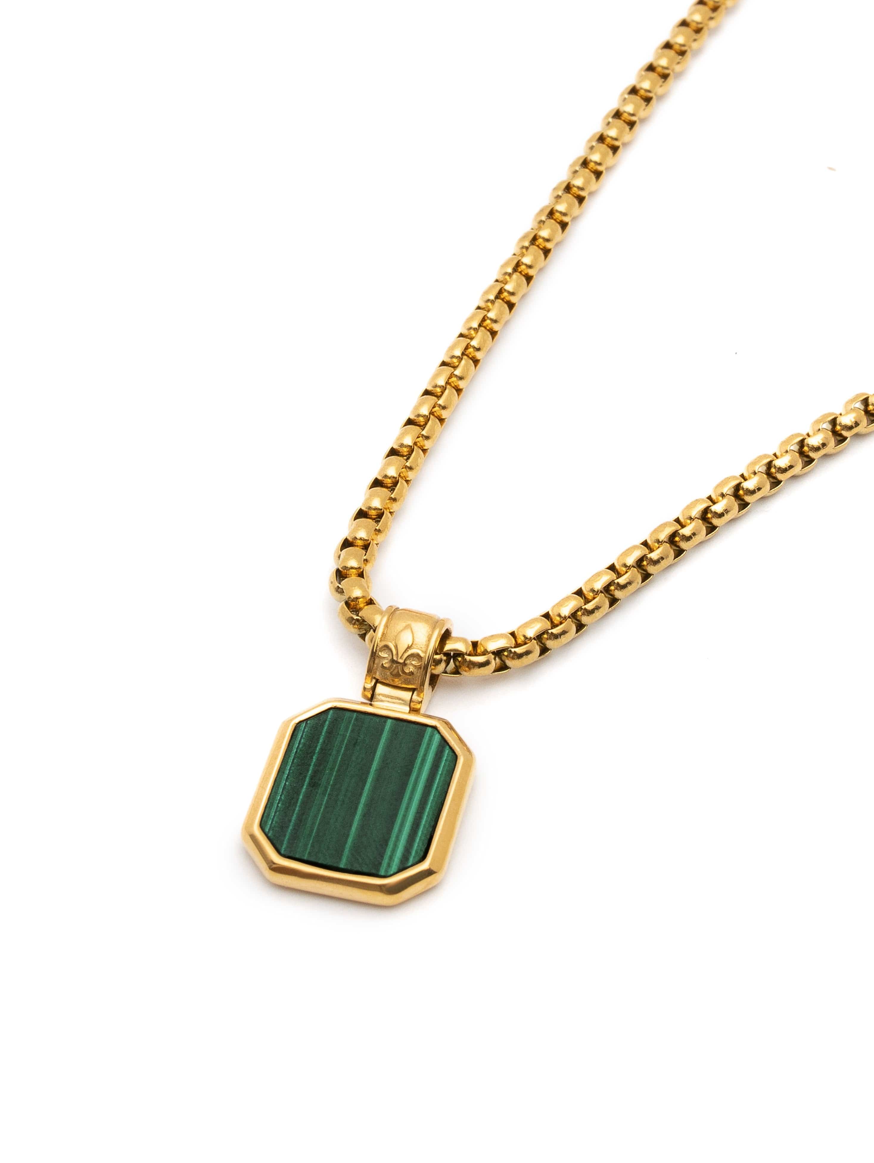 Nialaya Men's Necklace Gold Necklace with Square Malachite Pendant