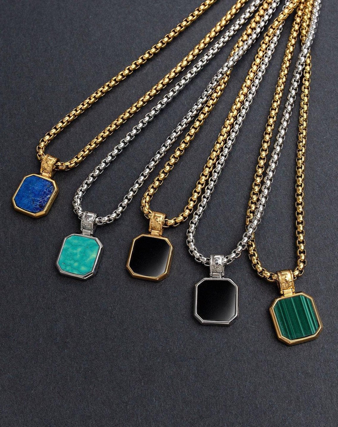 Nialaya Men's Necklace Gold Necklace with Square Onyx Pendant