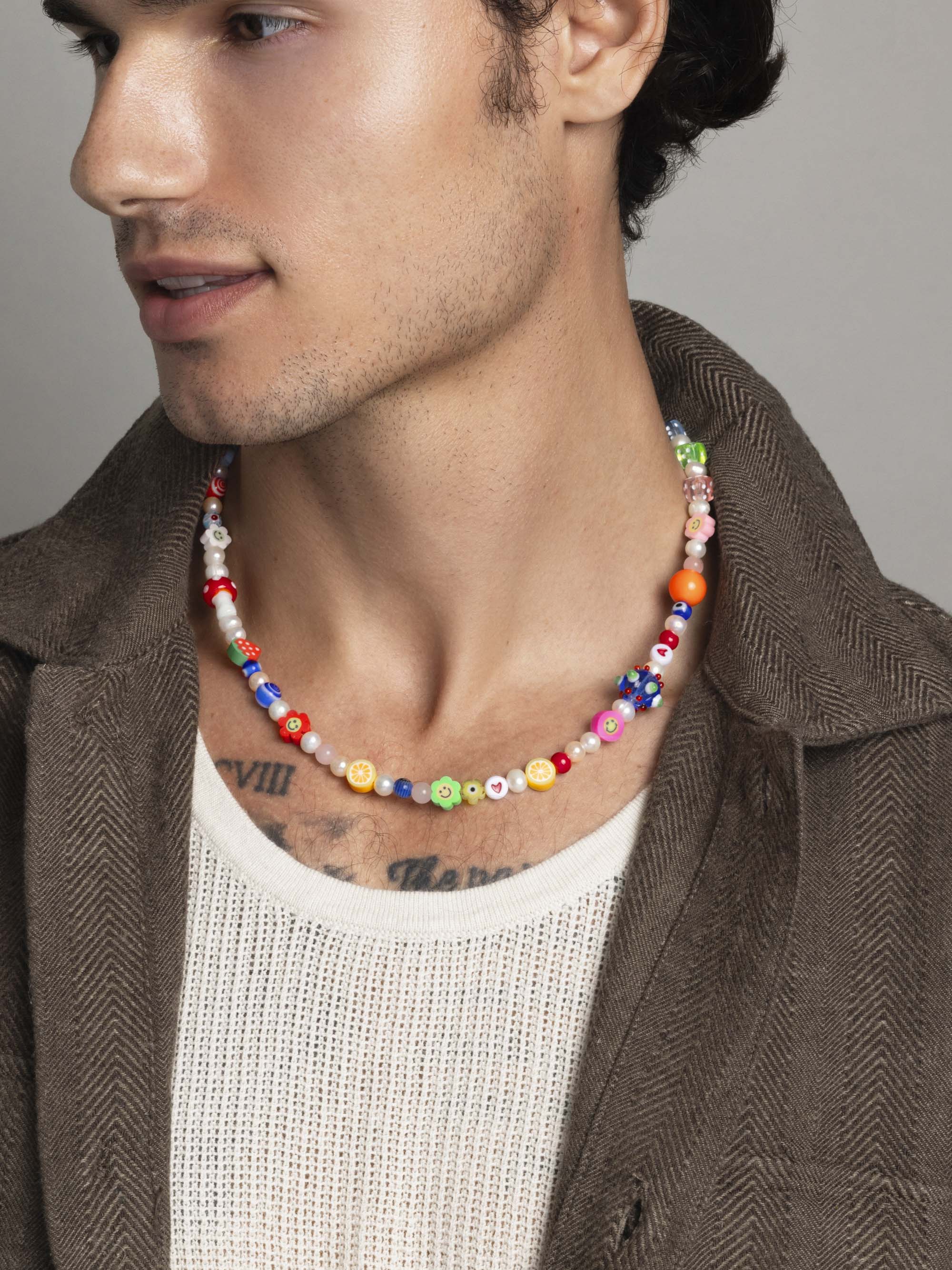 Nialaya Men's Necklace Men's Berry Pearl Choker with Assorted Beads 20 Inches / 50.8 cm MNEC_346