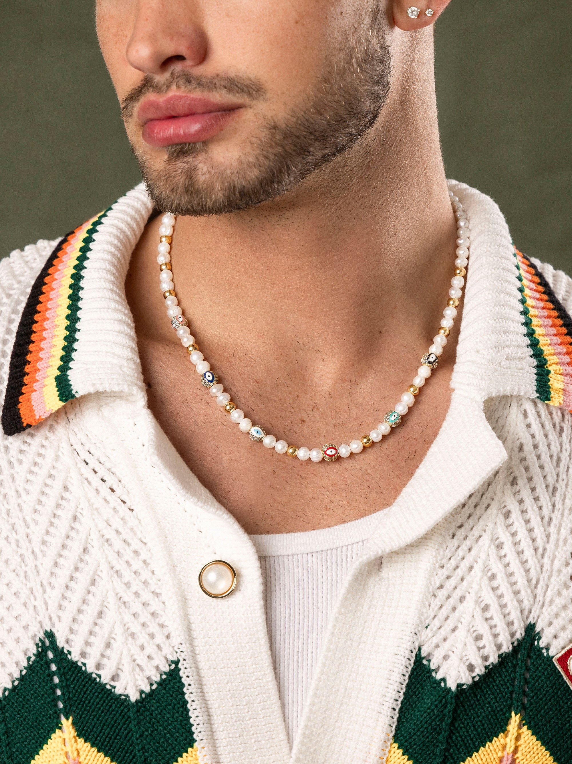 Nialaya Men's Necklace Men's Evil Eye Pearl Choker 20 Inches / 50.8 cm MNEC_359