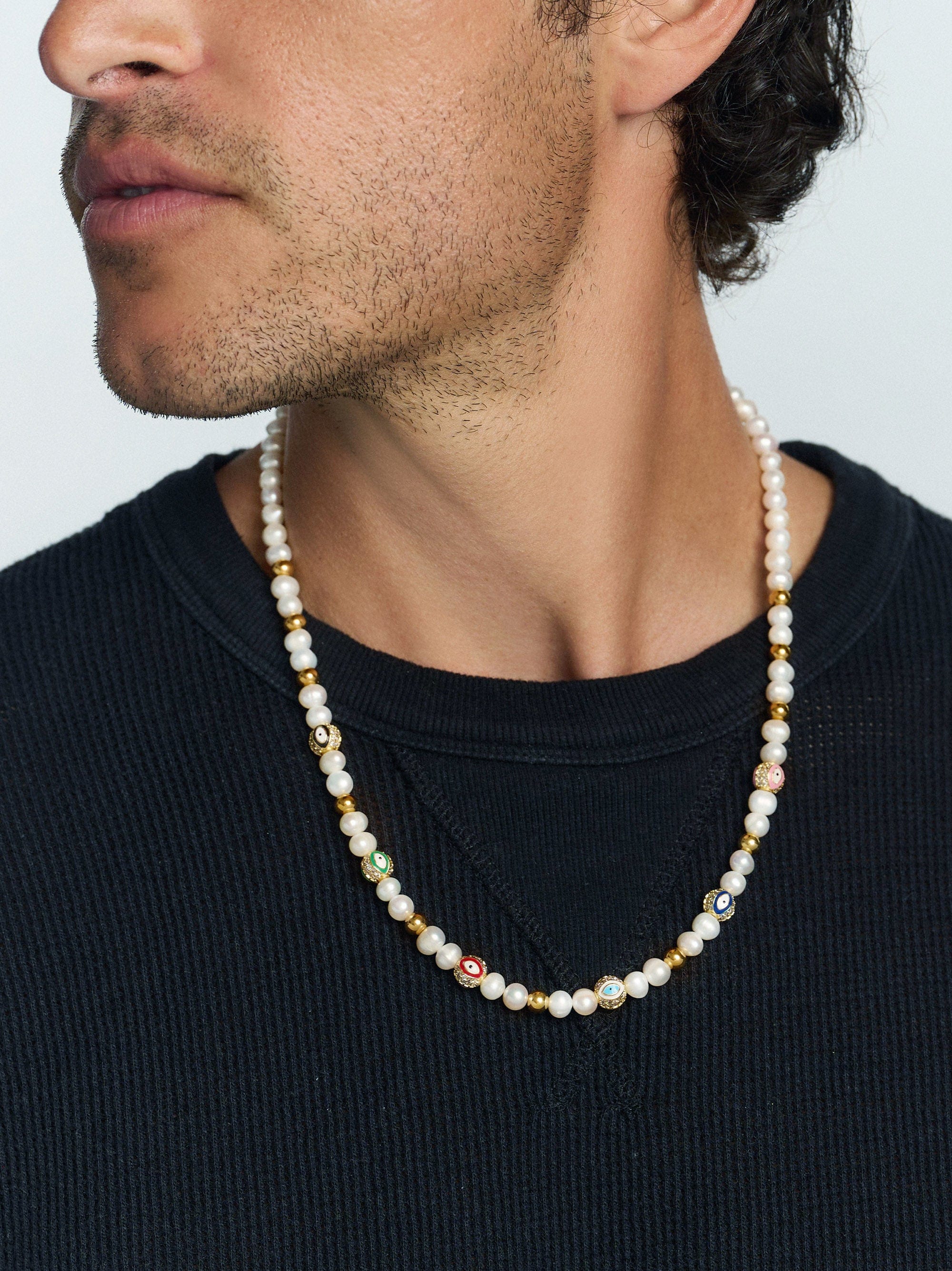 Nialaya Men's Necklace Men's Evil Eye Pearl Necklace Men's Evil Eye Pearl Necklace 20 Inches / 50.8 cm MNEC_359