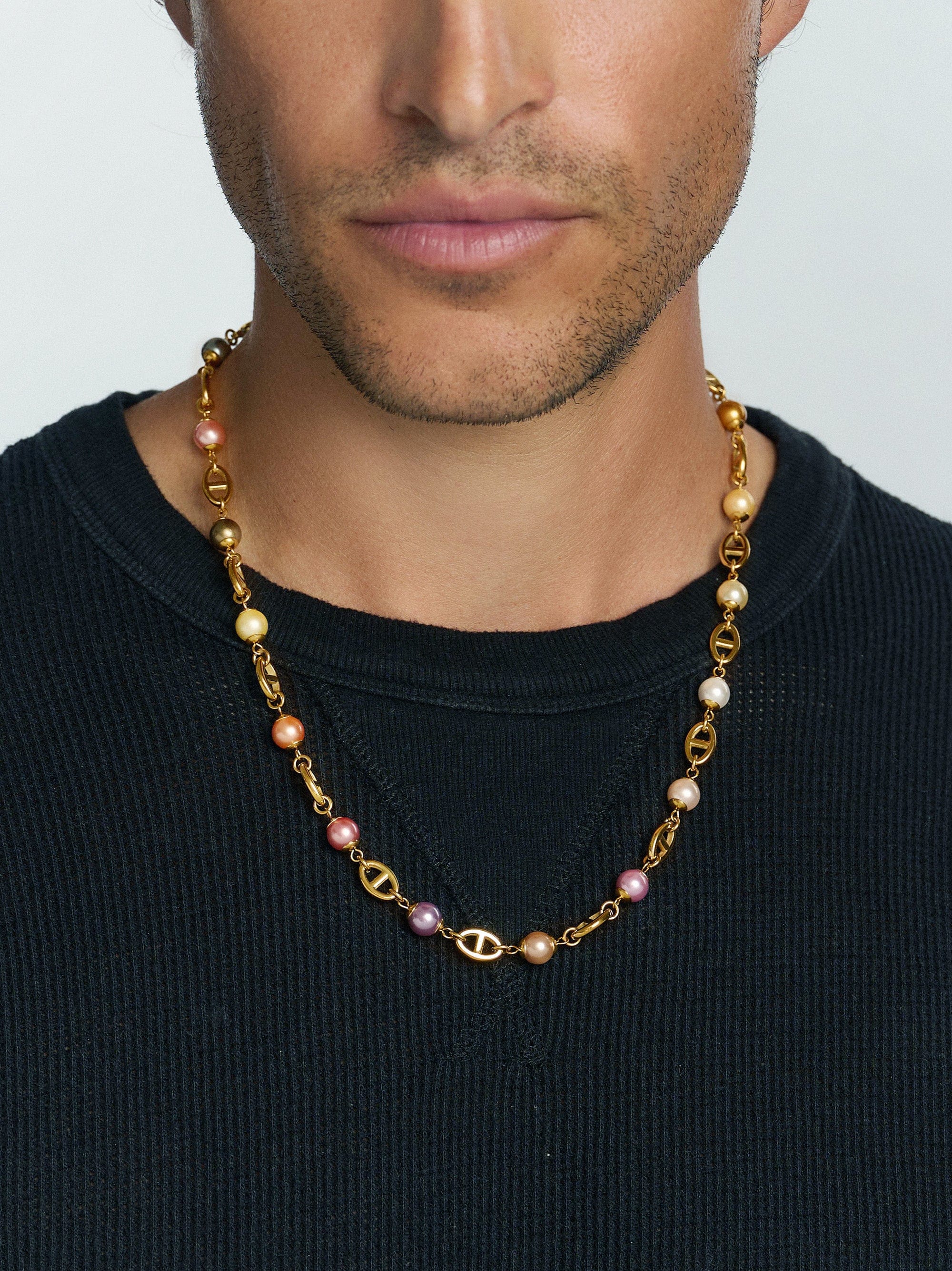 Nialaya Men's Necklace Men's Gold Mariner Chain with Multicolored Pearls Men's Gold Mariner Chain with Multicolored Pearls 20 Inches / 50.8 cm MNEC_413