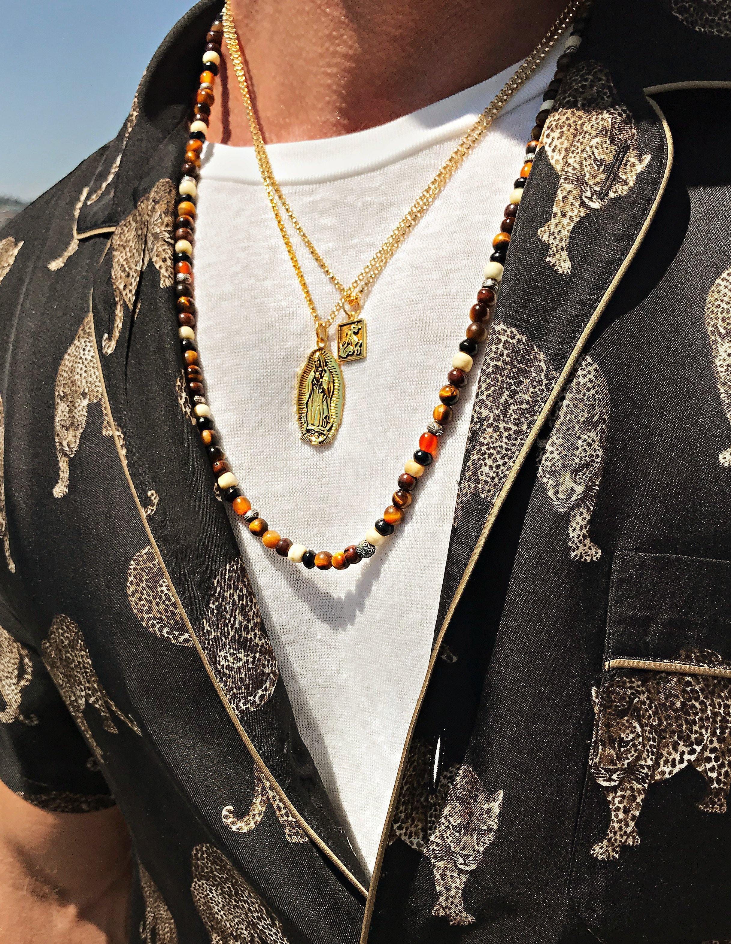 Nialaya Men's Necklace Men's Gold Necklace with Our Lady of Guadalupe Pendant 21 Inch MNEC_085
