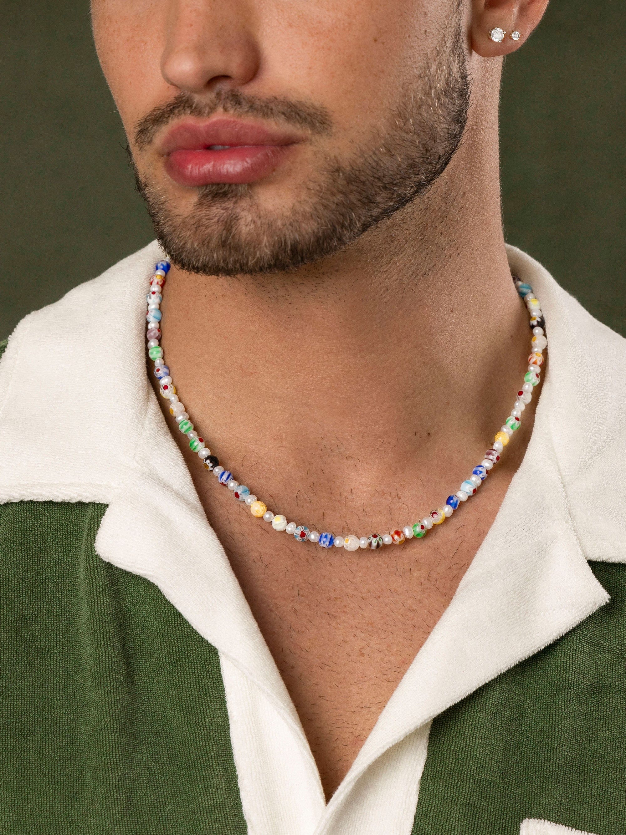 Nialaya Men's Necklace Men's Pearl Necklace with Hand-Painted Glass Beads 20 Inches / 50.8 cm MNEC_141