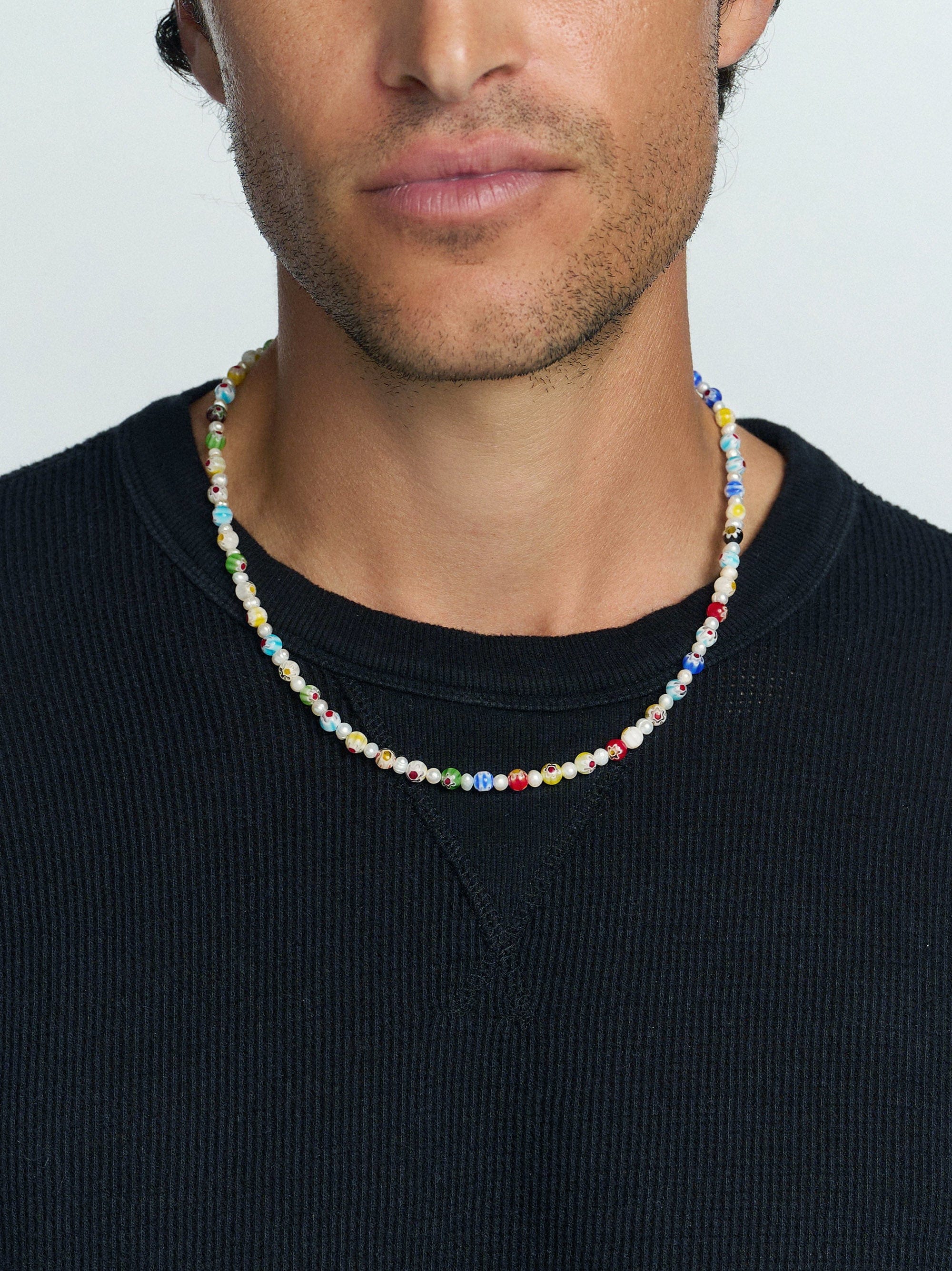 Nialaya Men's Necklace Men's Pearl Necklace with Hand-Painted Glass Beads Men's Pearl Necklace with Hand-Painted Glass Beads 20 Inches / 50.8 cm MNEC_141
