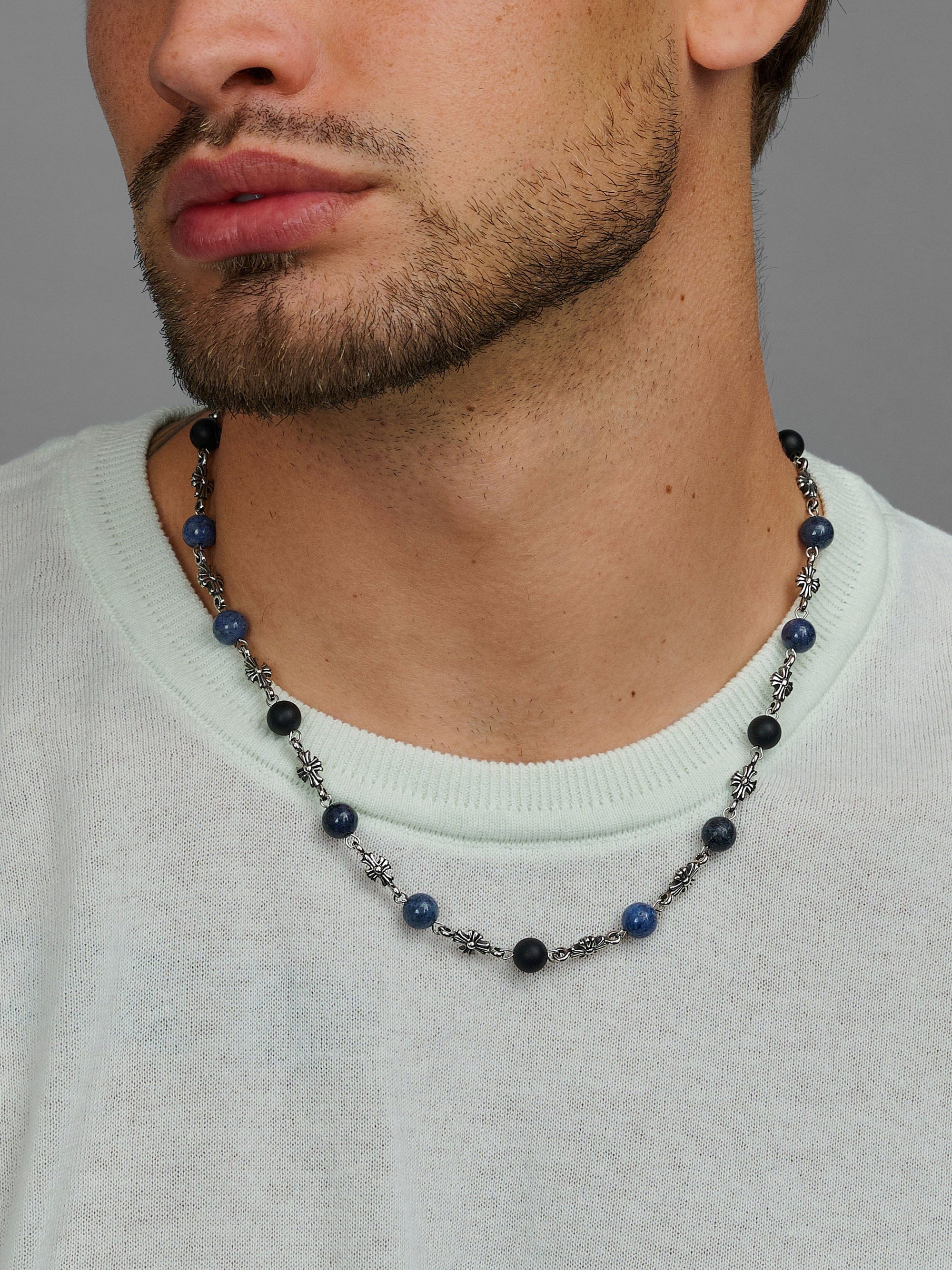 Nialaya Men's Necklace Men's Silver Cross Chain with Matte Onyx and Blue Dumortierite Men's Silver Cross Chain with Matte Onyx and Blue Dumortierite 20 Inches / 50.8 cm MNEC_418