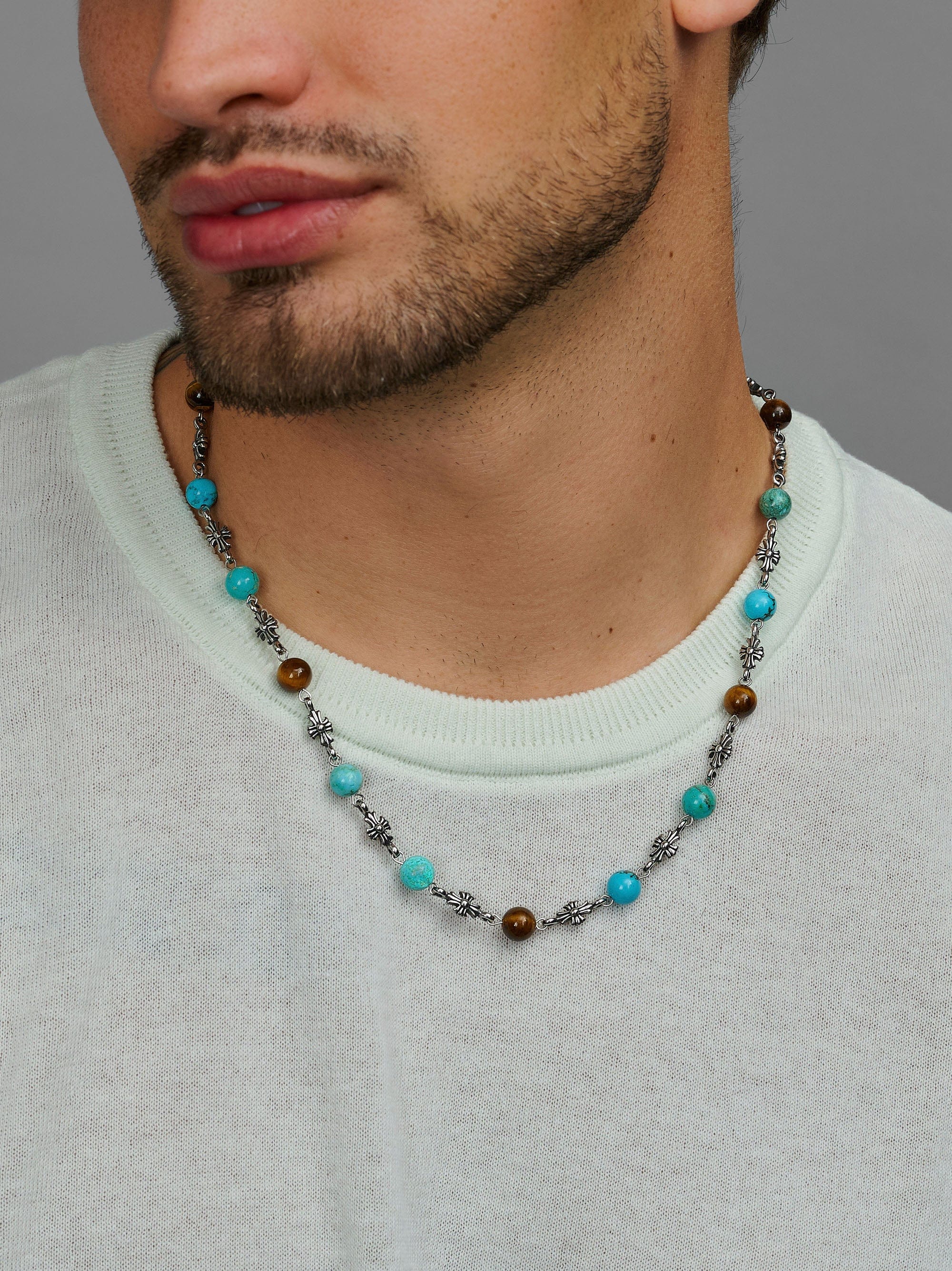 Nialaya Men's Necklace Men's Silver Cross Chain with Turquoise and Brown Tiger Eye Men's Silver Cross Chain with Turquoise and Brown Tiger Eye 20 Inches / 50.8 cm MNEC_417