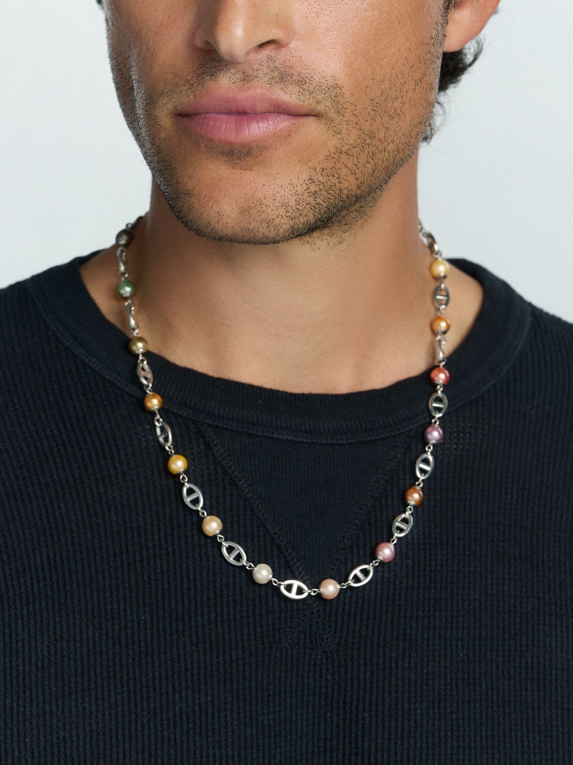 Nialaya Men's Necklace Men's Silver Mariner Chain with Multicolored Pearls Men's Silver Mariner Chain with Multicolored Pearls 20 Inches / 50.8 cm MNEC_405