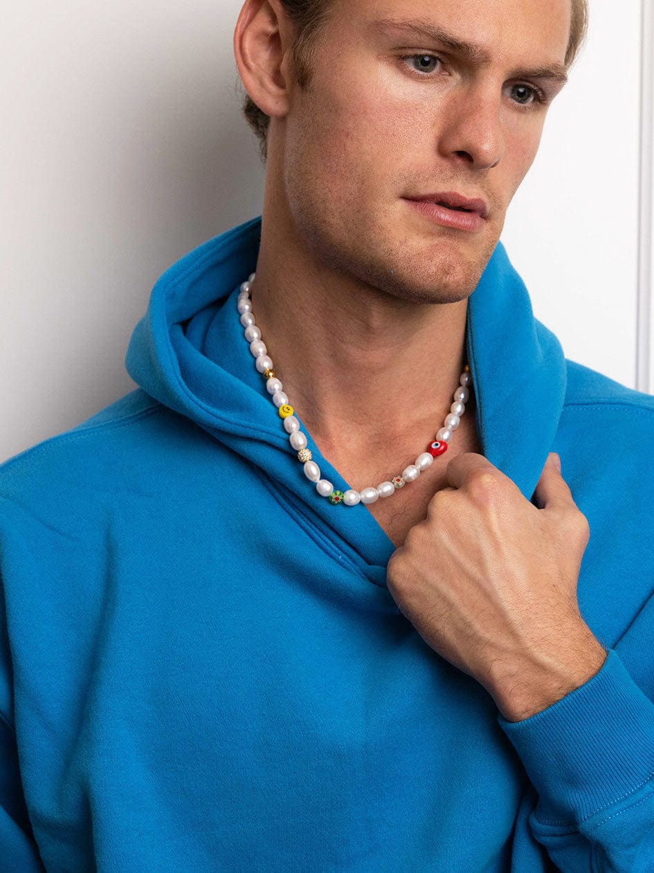 Nialaya Men's Necklace Men's Smiley Face Pearl Choker with Assorted Beads 20 Inches / 50.8 cm MNEC_139