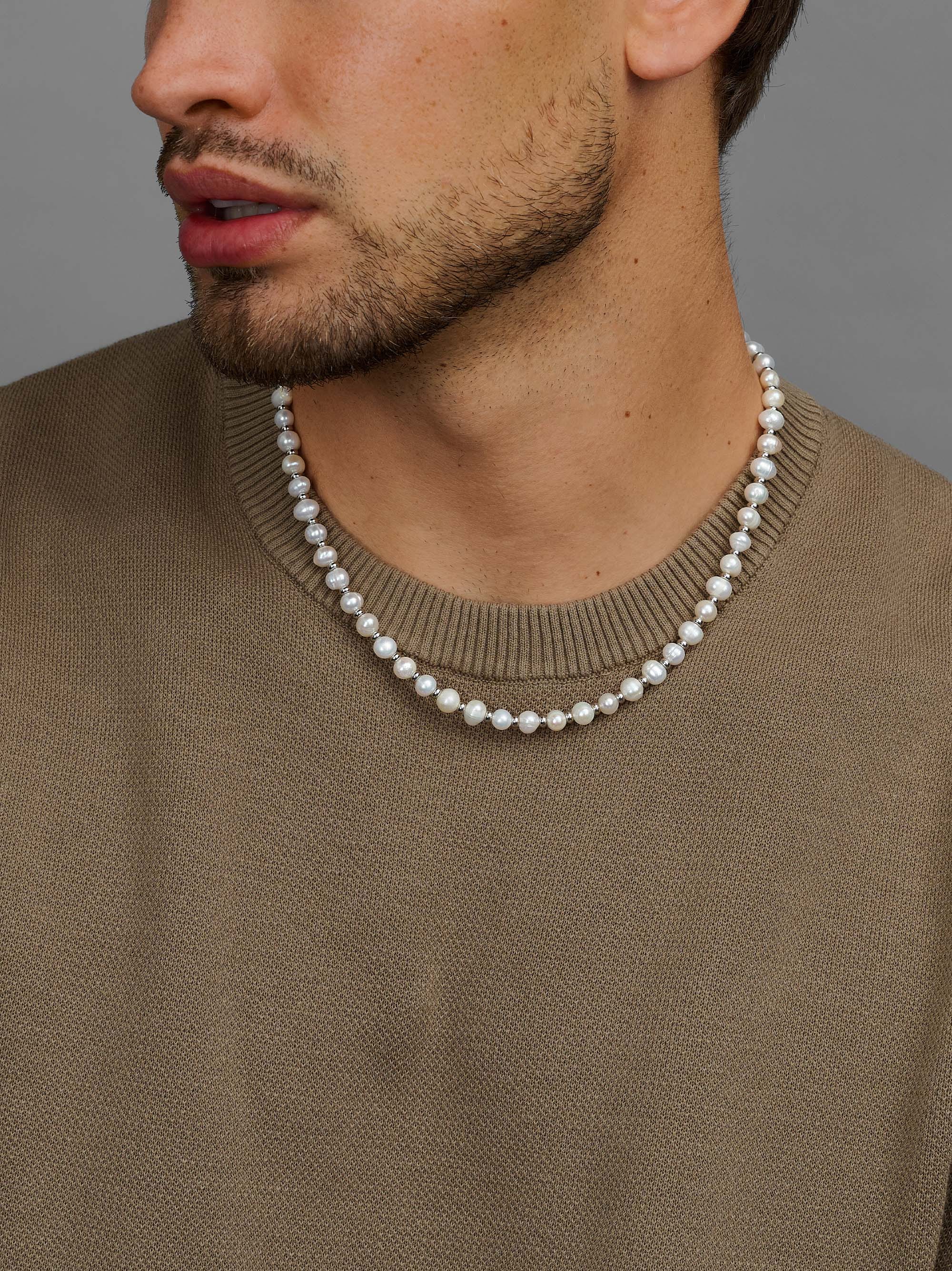 Nialaya Men's Necklace Mini Pearl Necklace with Silver Mini Pearl Necklace with Silver 20 Inches MNEC_300