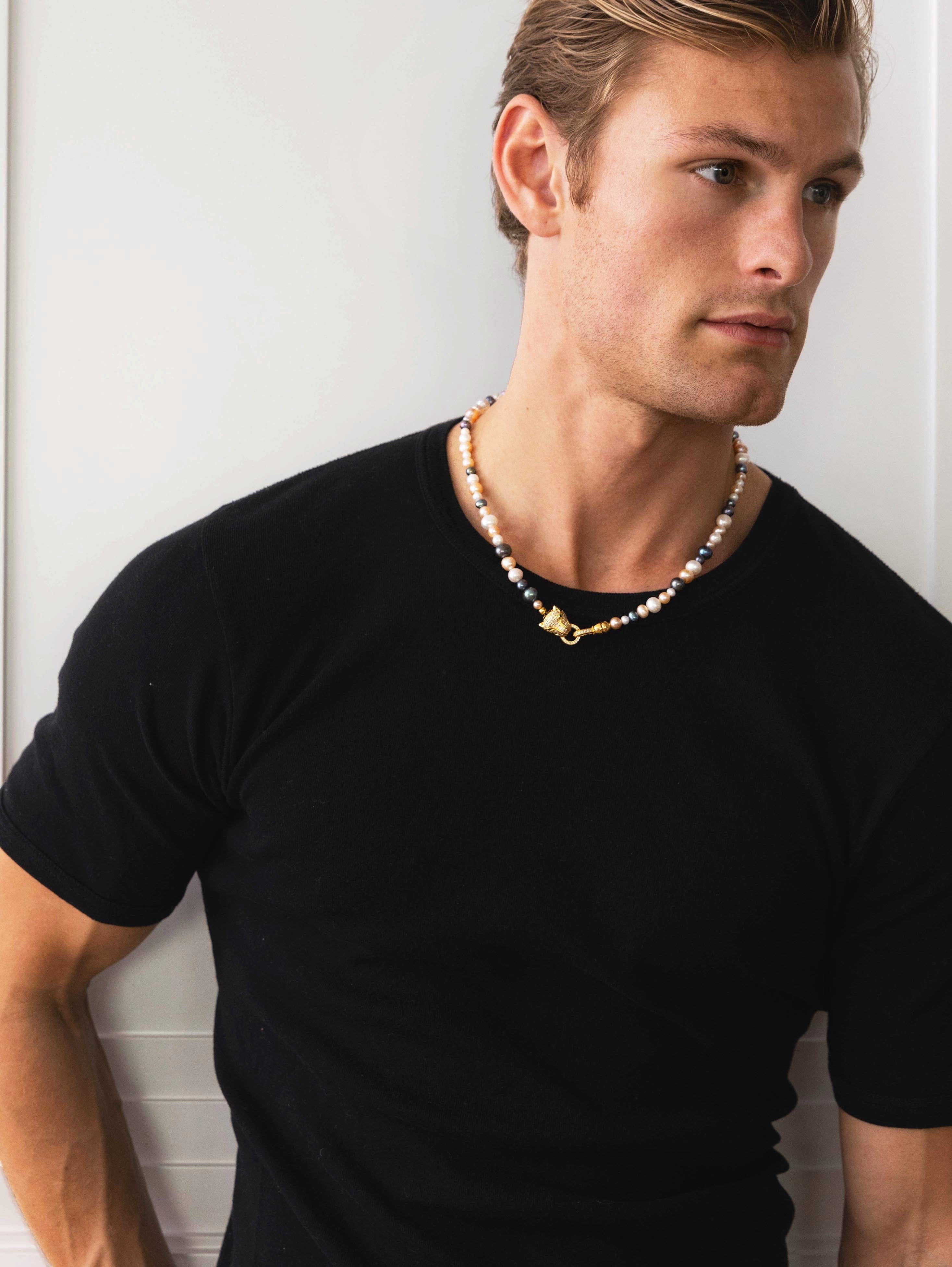 Nialaya Men's Necklace Multi-Colored Pearl Necklace with Gold Plated Panther Head Lock 20 Inches / 50.8 cm MNEC_252