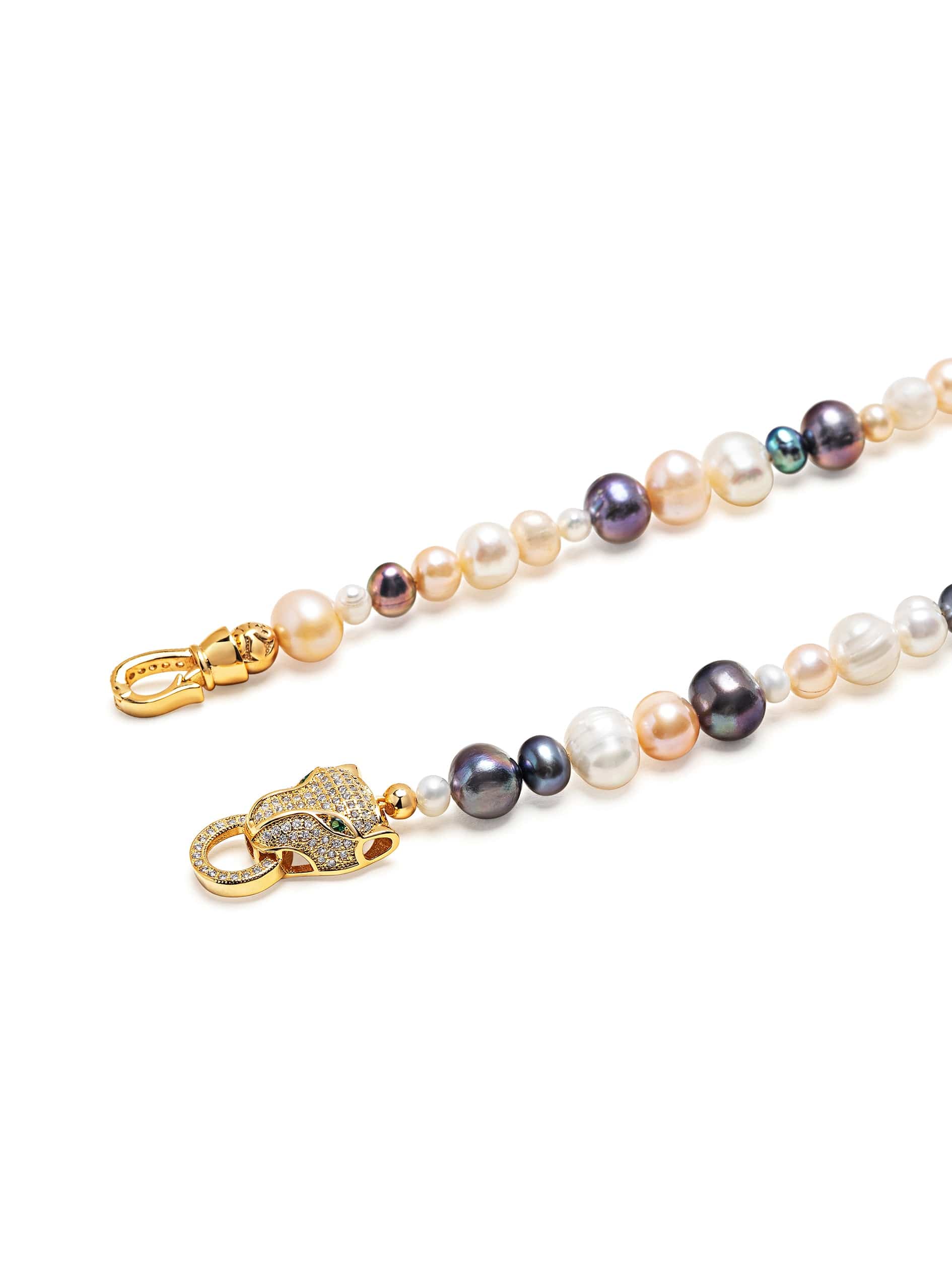 Nialaya Men's Necklace Multi-Colored Pearl Necklace with Gold Plated Panther Head Lock 20 Inches / 50.8 cm MNEC_252