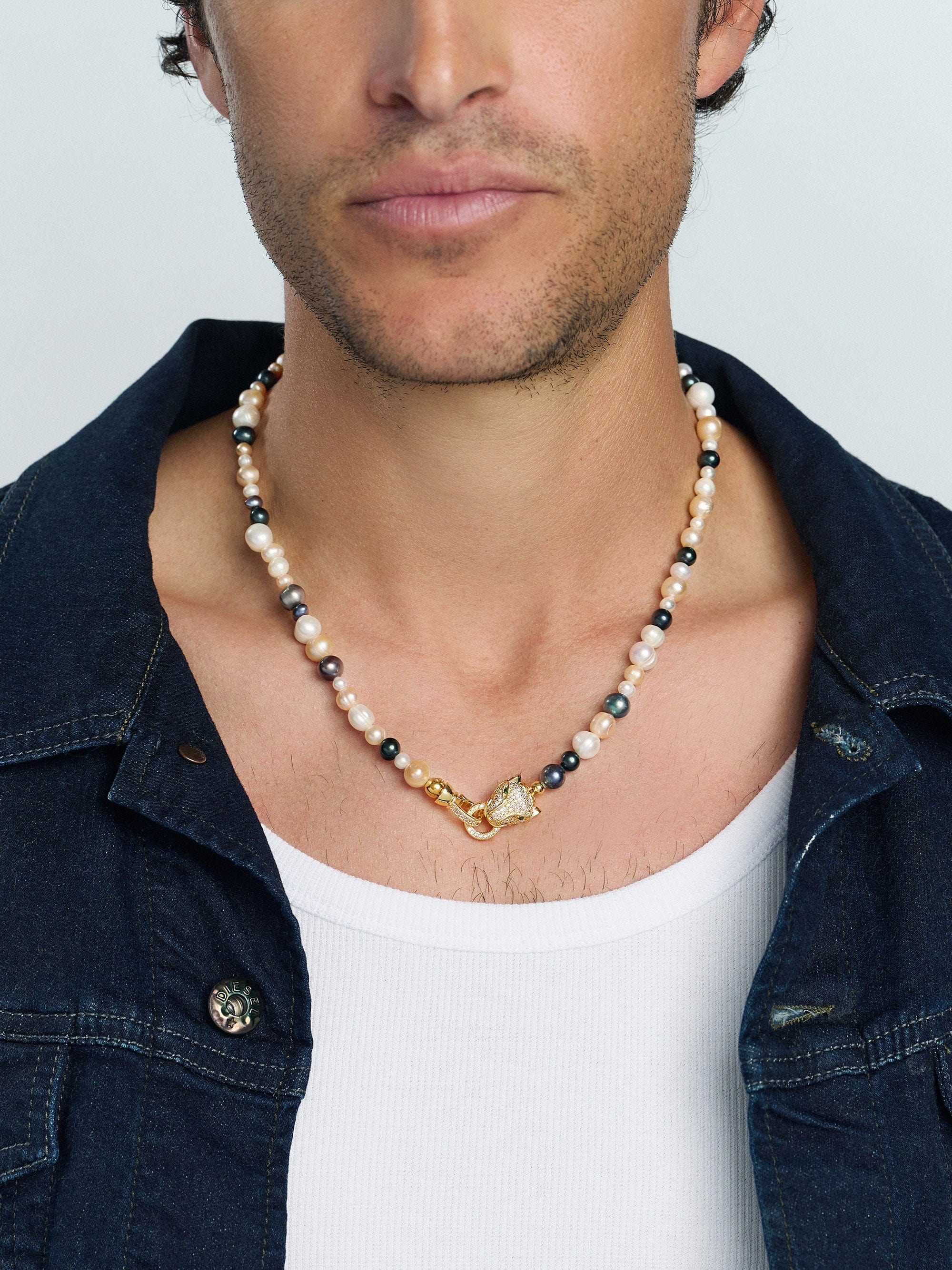 Nialaya Men's Necklace Multi-Colored Pearl Necklace with Gold Plated Panther Head Lock Multi-Colored Pearl Necklace with Gold Plated Panther Head Lock 20 Inches / 50.8 cm MNEC_252