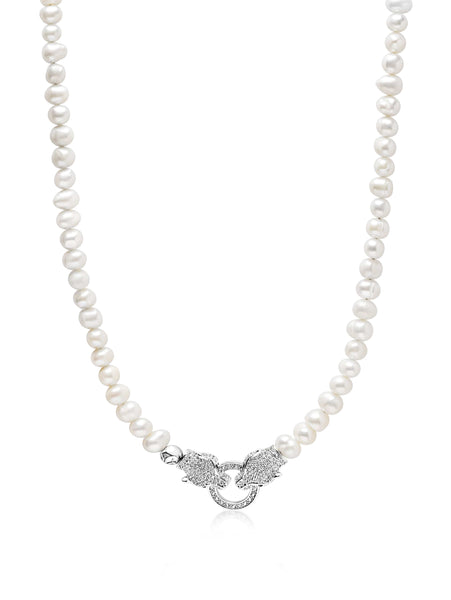 Pearl Necklace with Double Panther Head in Silver – Nialaya