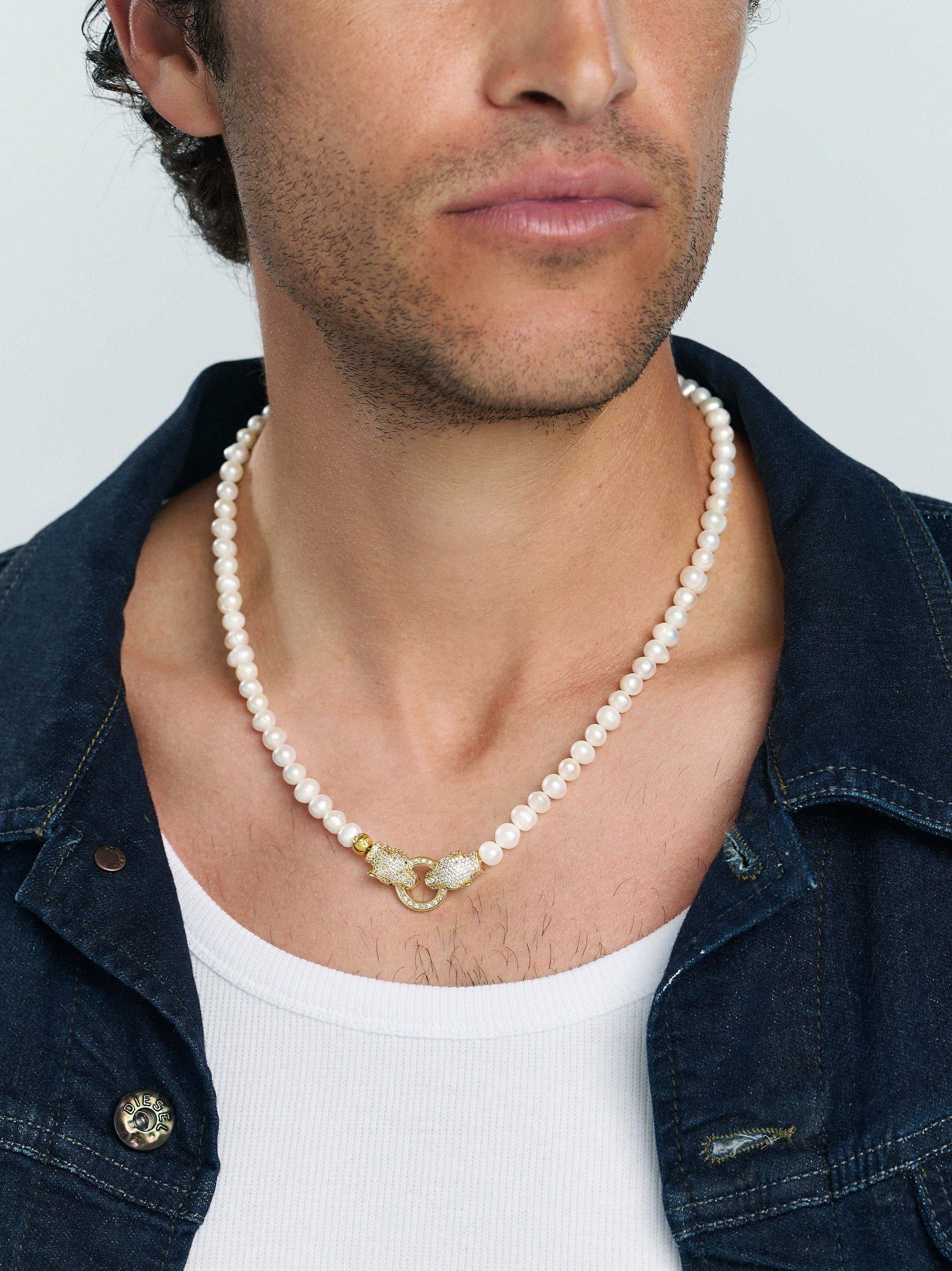 Nialaya Men's Necklace Pearl Necklace with Double Panther Head in Gold Pearl Necklace with Double Panther Head in Gold 20 Inches / 50.8 cm MNEC_354