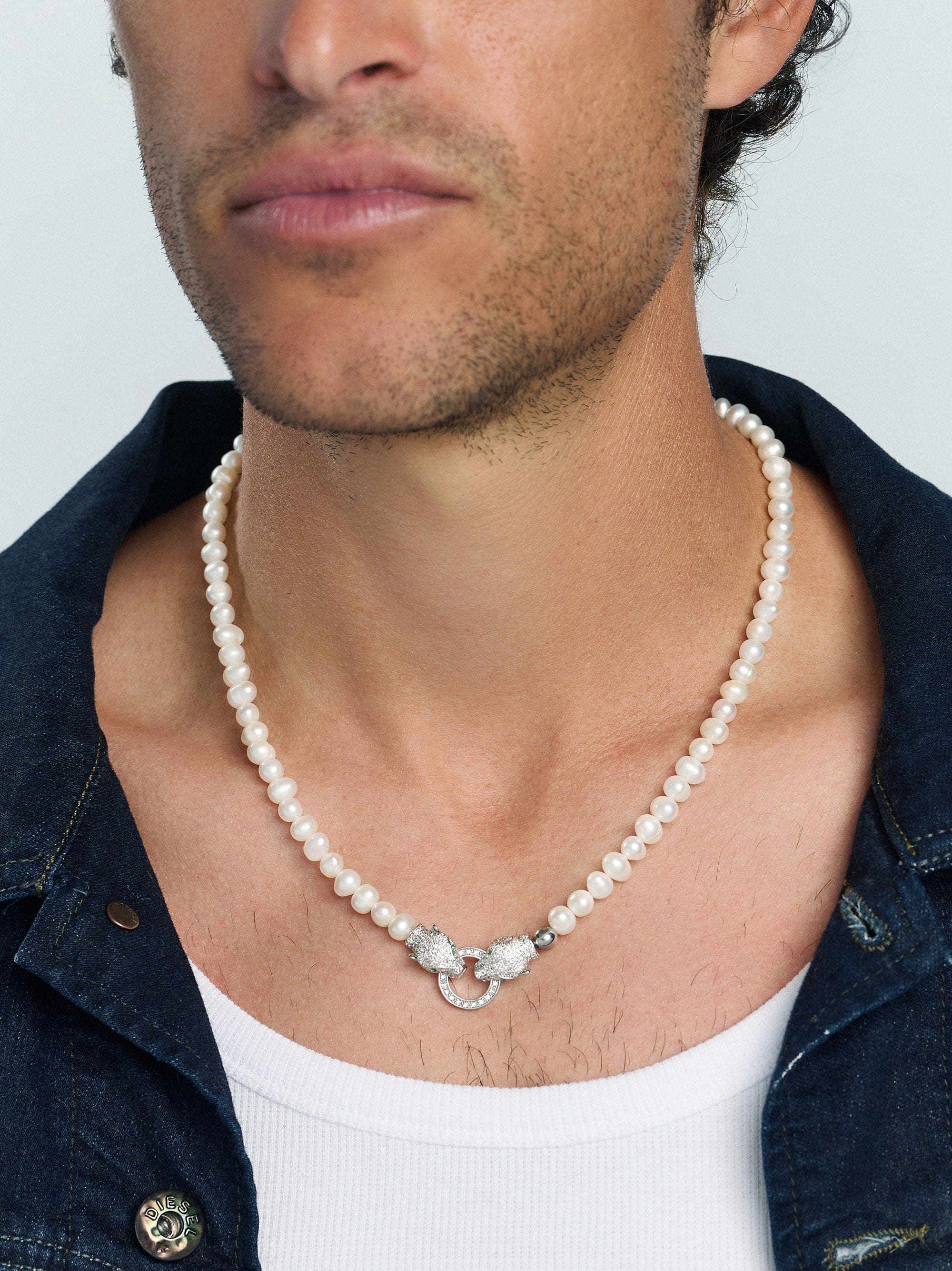 Nialaya Men's Necklace Pearl Necklace with Double Panther Head in Silver Pearl Necklace with Double Panther Head in Silver 20 Inches / 50.8 cm MNEC_355