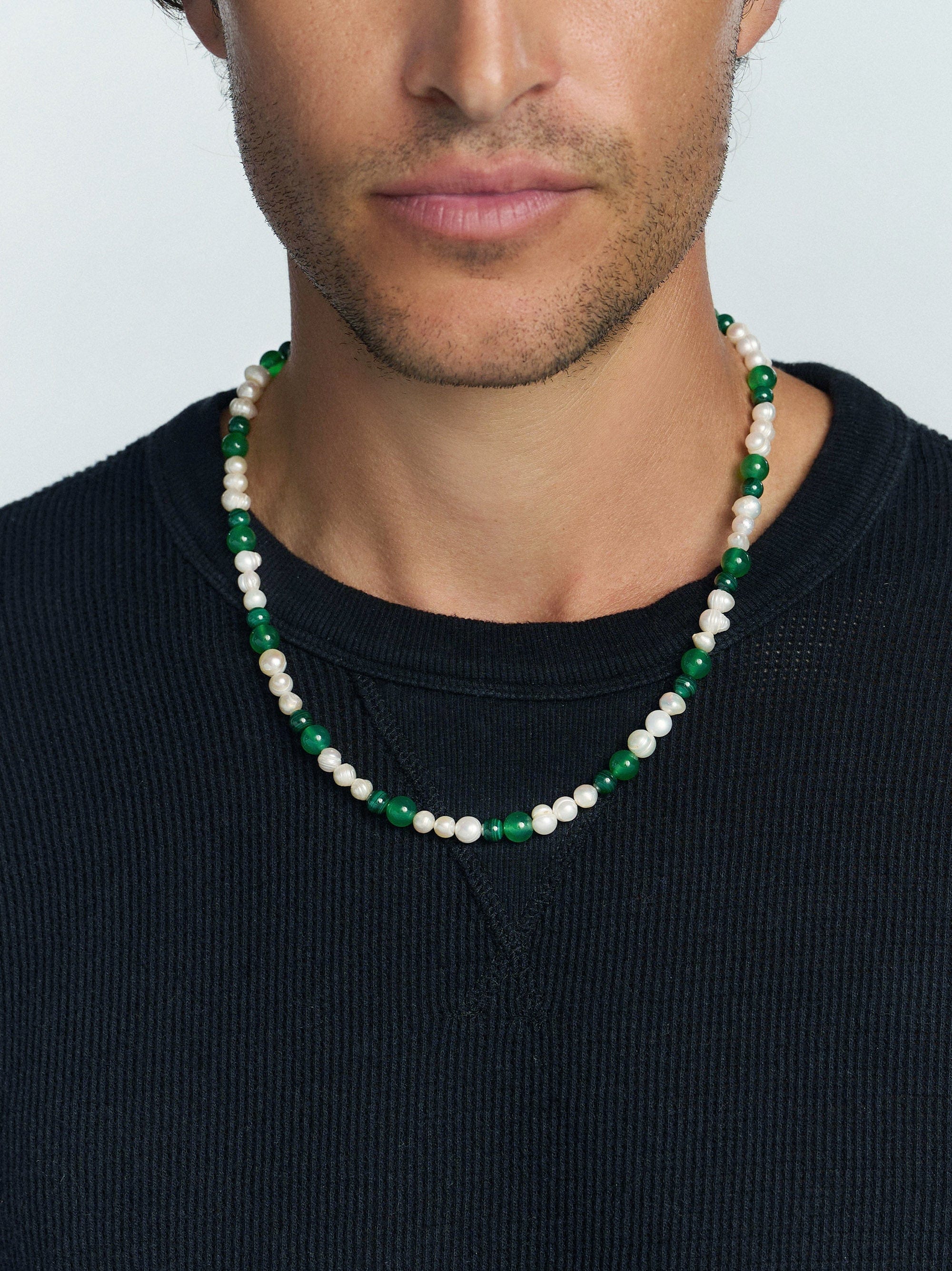 Nialaya Men's Necklace Pearl Necklace with Green Aventurine and Malachite Pearl Necklace with Green Aventurine and Malachite 20 Inches / 50.8 cm MNEC_209