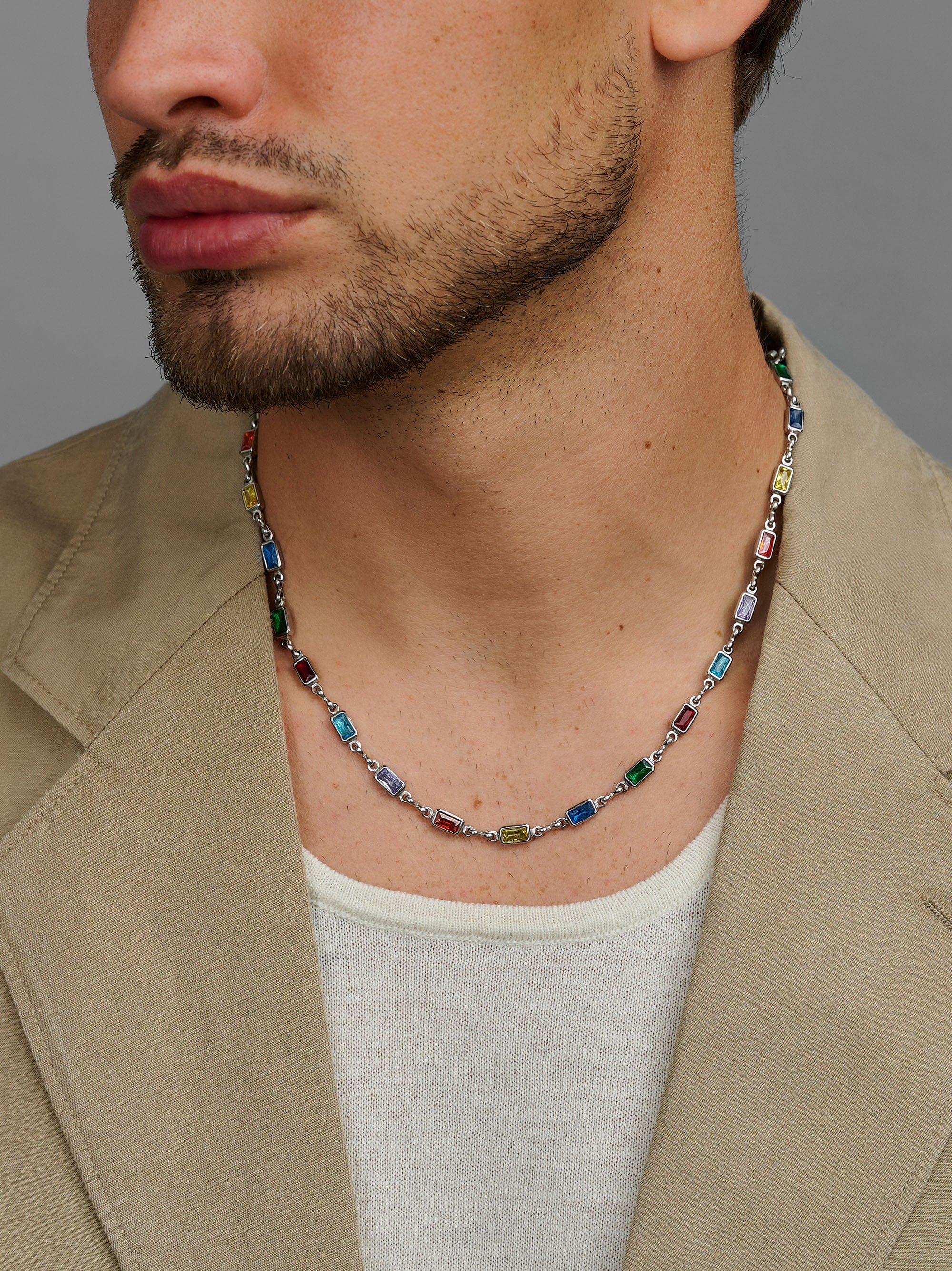 Nialaya Men's Necklace Rectangle Tennis Necklace in Silver Rectangle Tennis Necklace in Silver 20 Inches / 50.80 cm MNEC_426