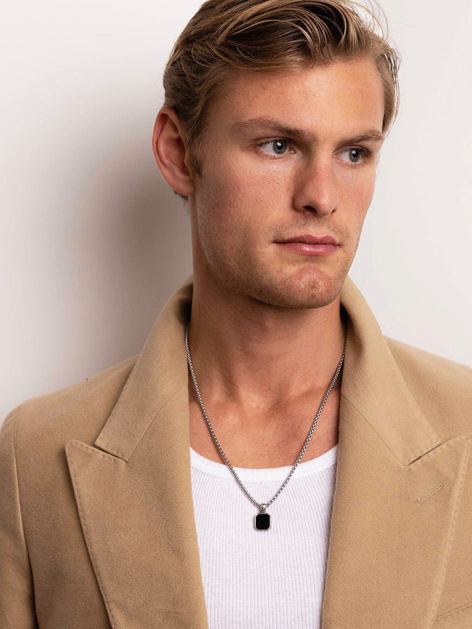 Nialaya Men's Necklace Silver Necklace with Square Matte Onyx Pendant
