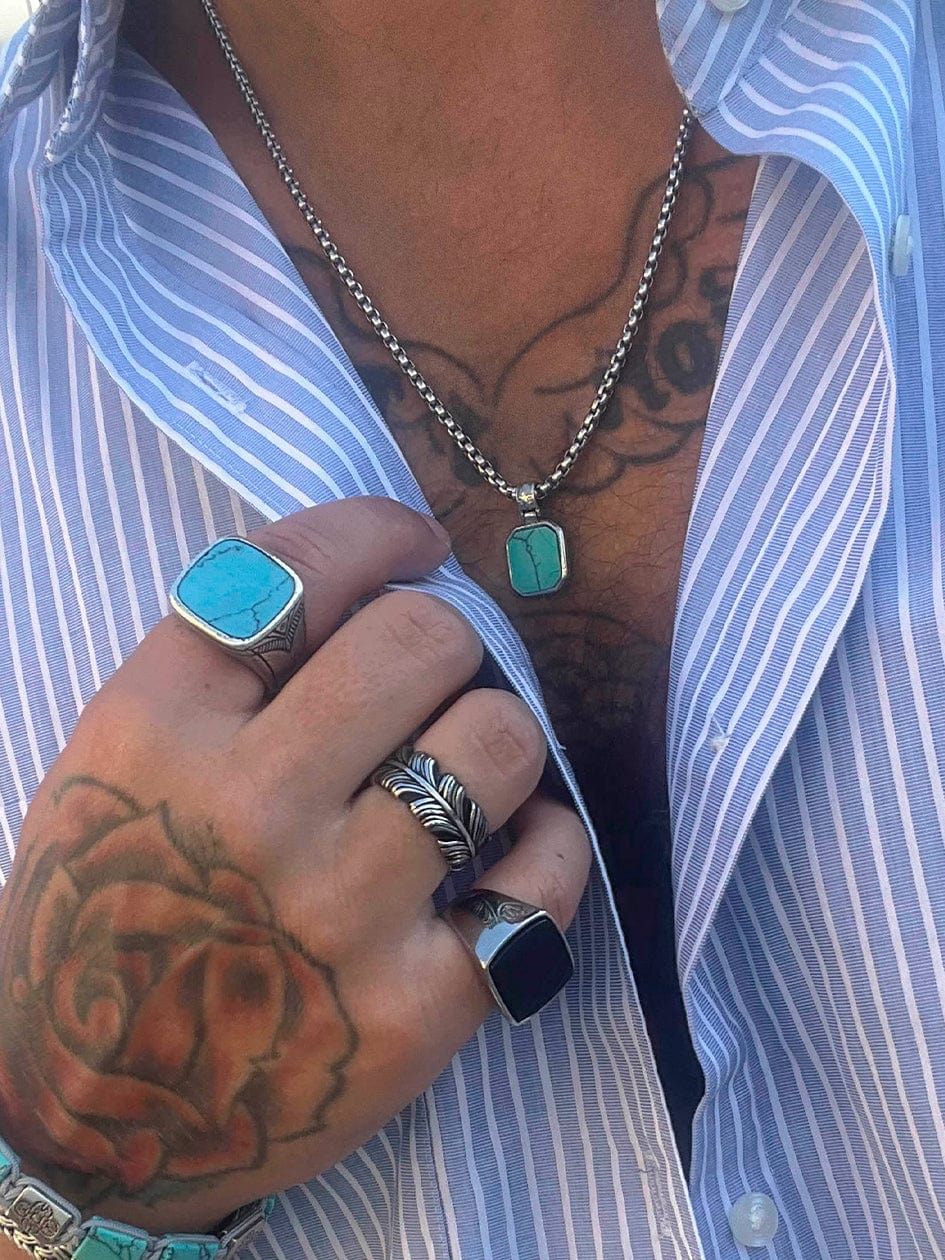 Nialaya Men's Necklace Silver Necklace with Square Turquoise Pendant