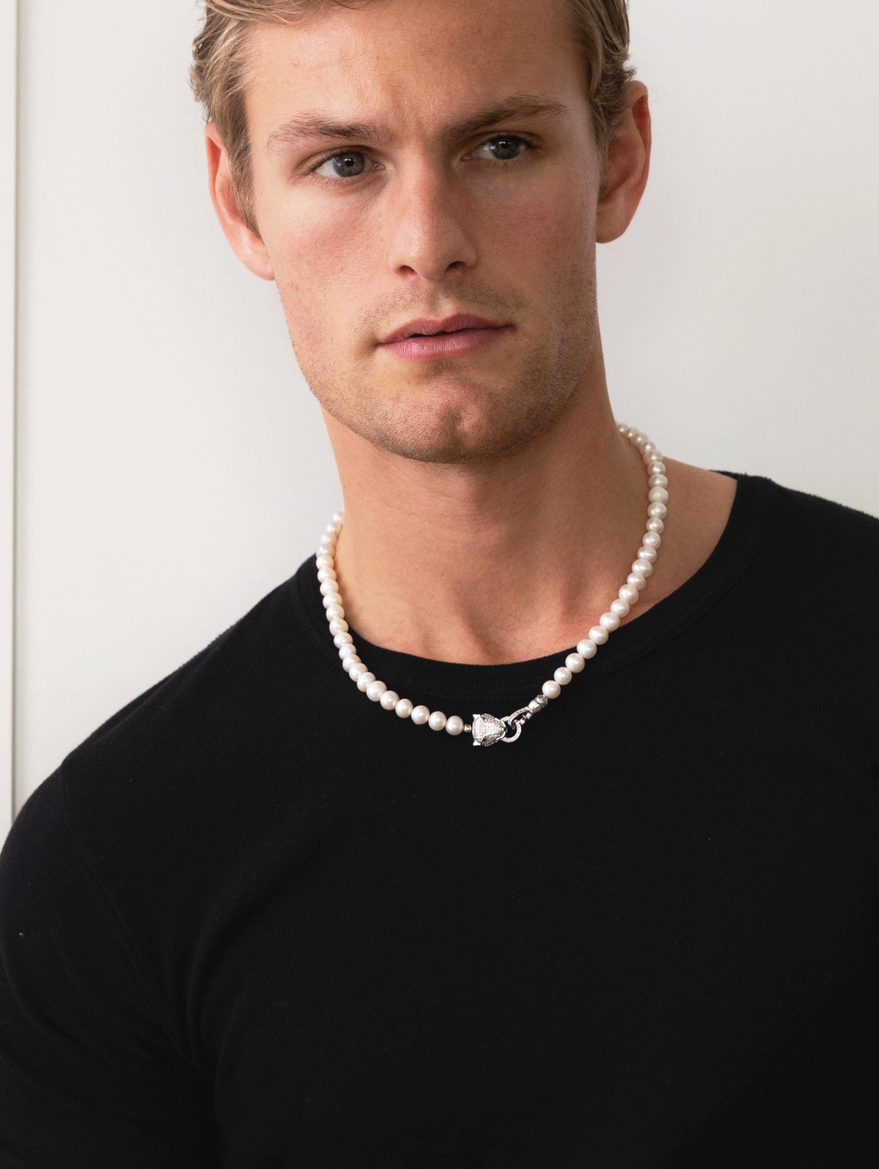Nialaya Men's Necklace White Pearl Necklace with Silver Panther Head Lock 20 Inches / 50.8 cm MNEC_251
