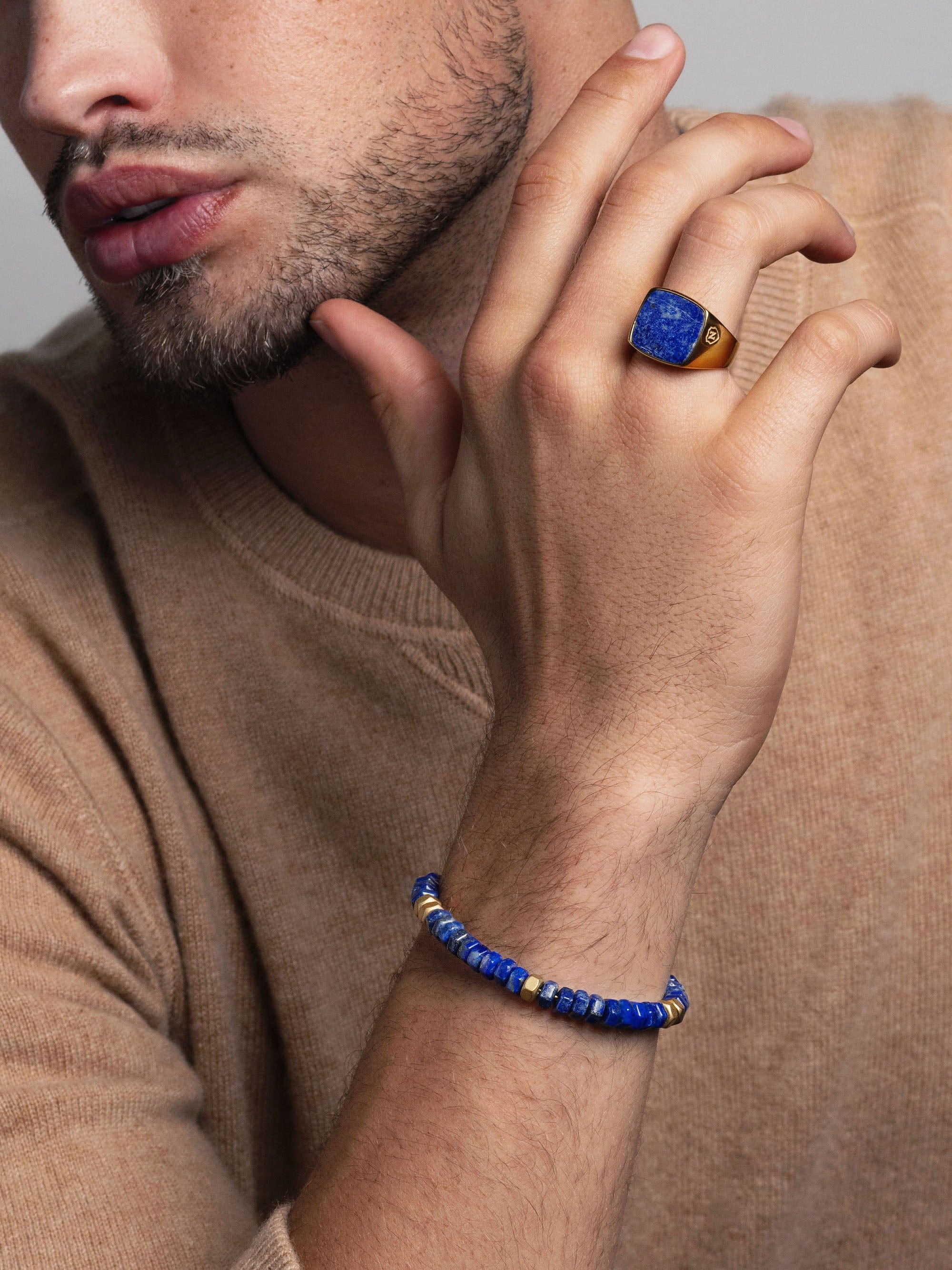 Nialaya Men's Ring Men's Gold Signet Ring with Blue Lapis Men's Gold Signet Ring with Blue Lapis