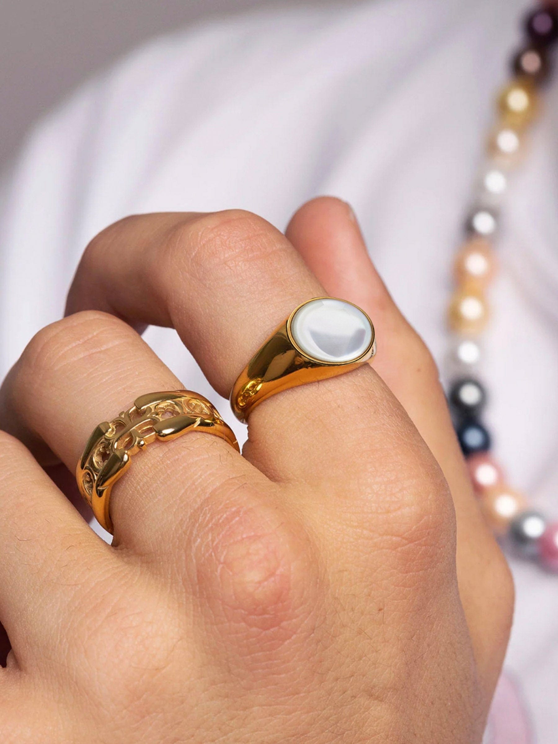 Nialaya Men's Ring Men's Gold Signet Ring with Pearl Dome