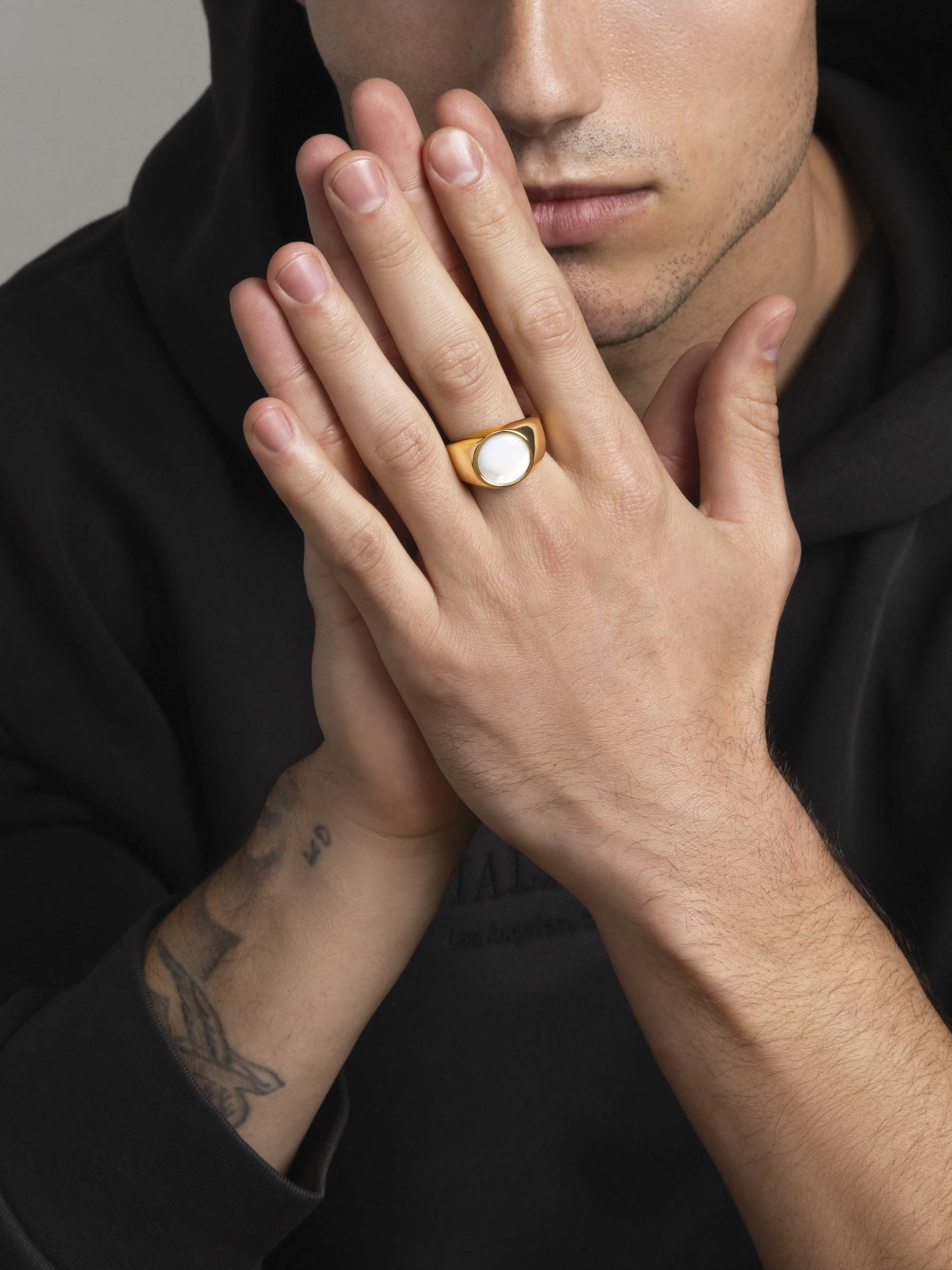 Nialaya Men's Ring Men's Gold Signet Ring with Pearl Dome