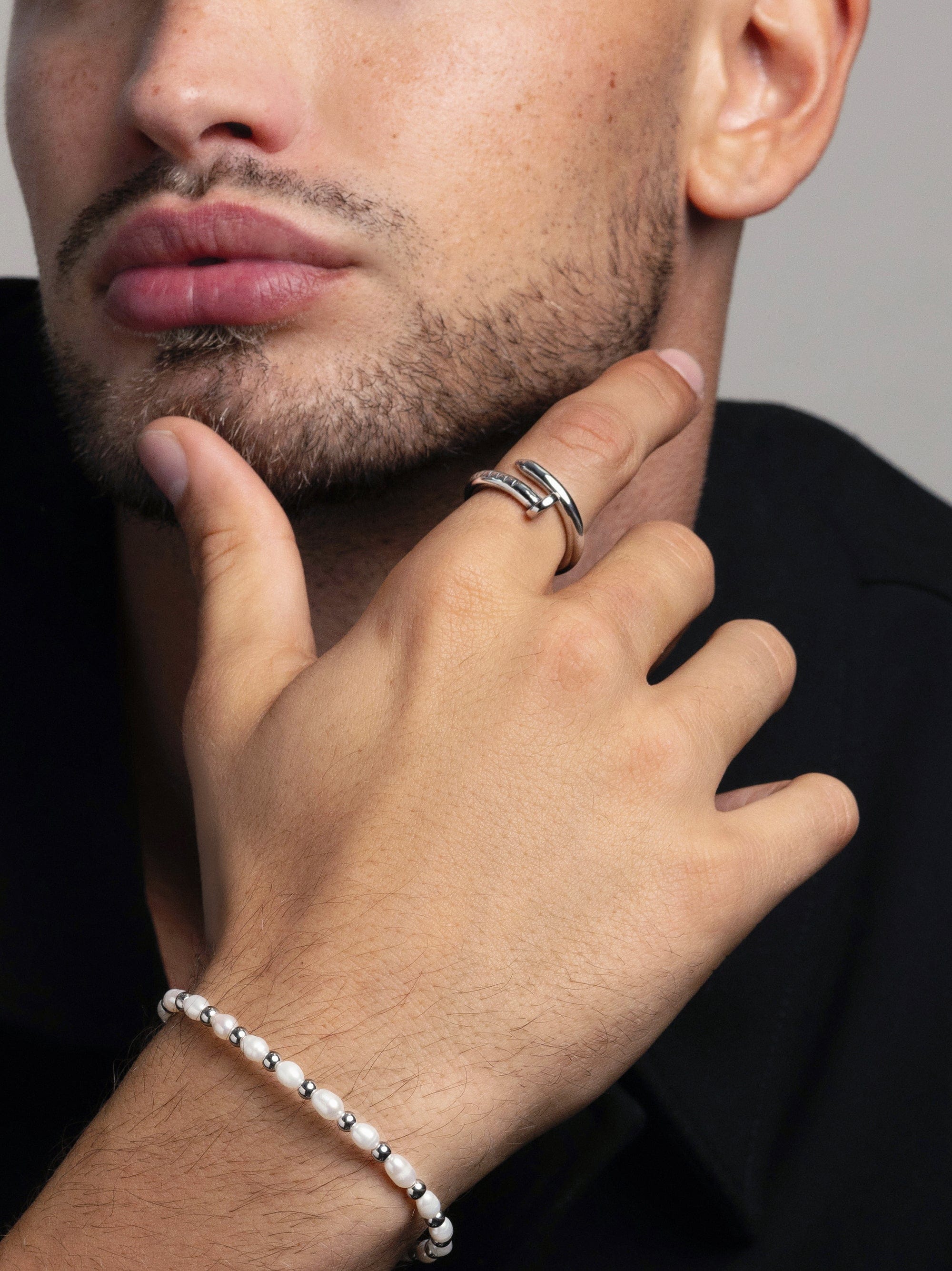 Nialaya Men's Ring Men's Nail Ring with Dorje Engraving and Silver Finish Men's Nail Ring with Dorje Engraving and Silver Finish