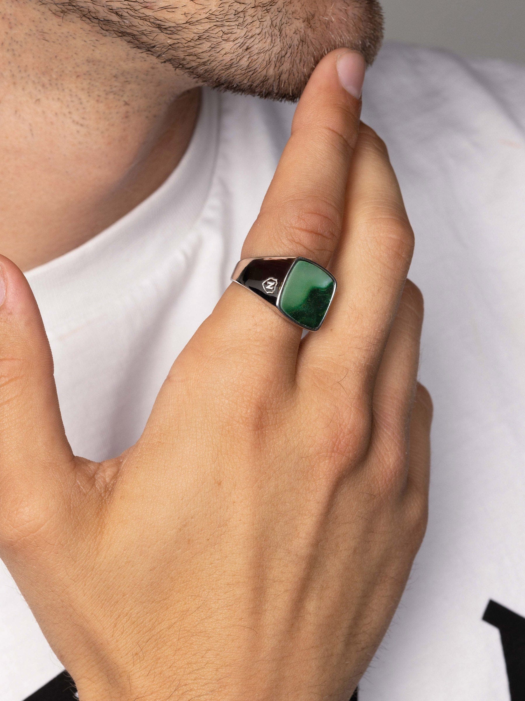 Nialaya Men's Ring Men's Silver Signet Ring with Green Jade