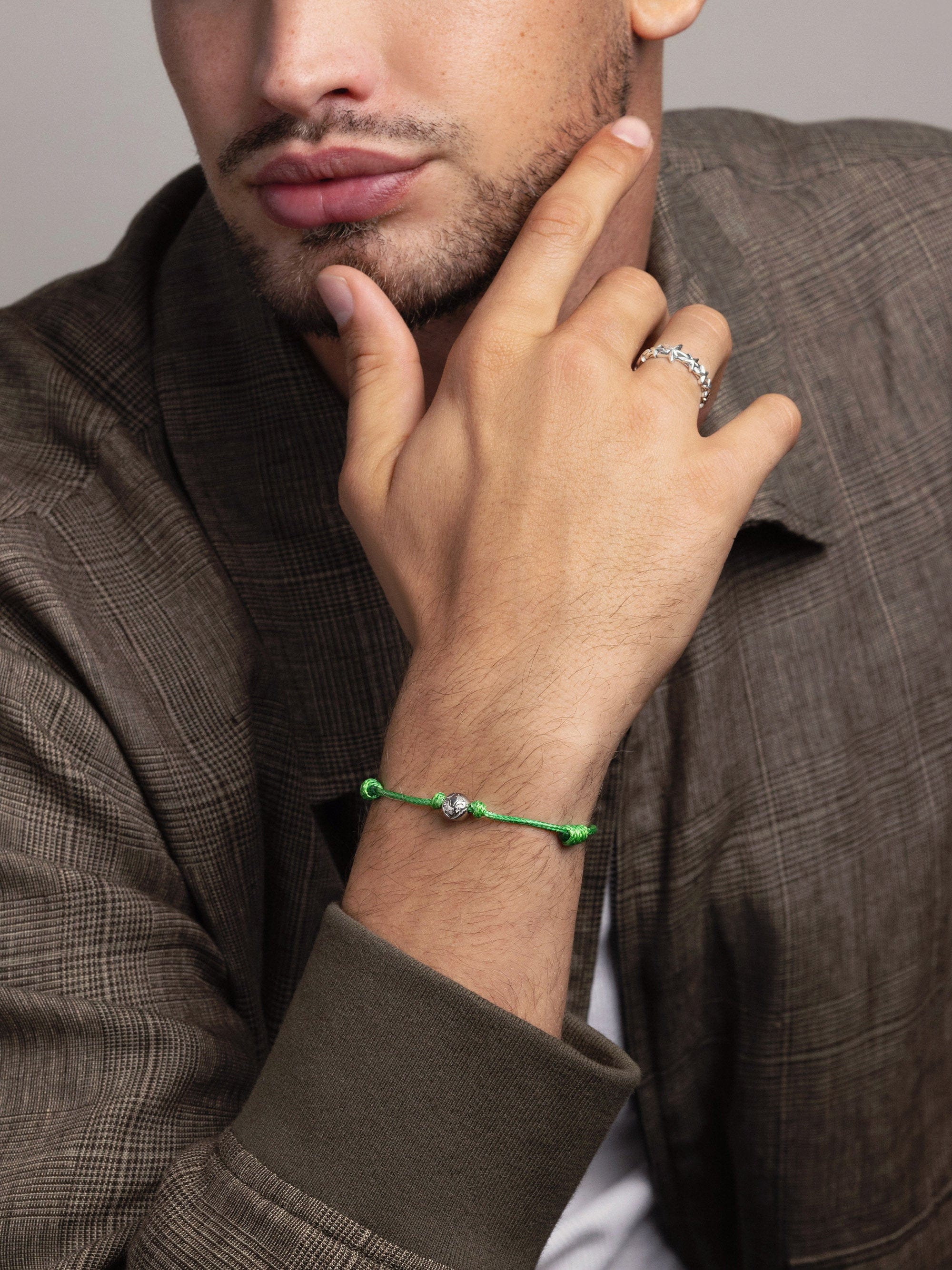 Nialaya Men's String Bracelet Green String Bracelet with Silver MST_079