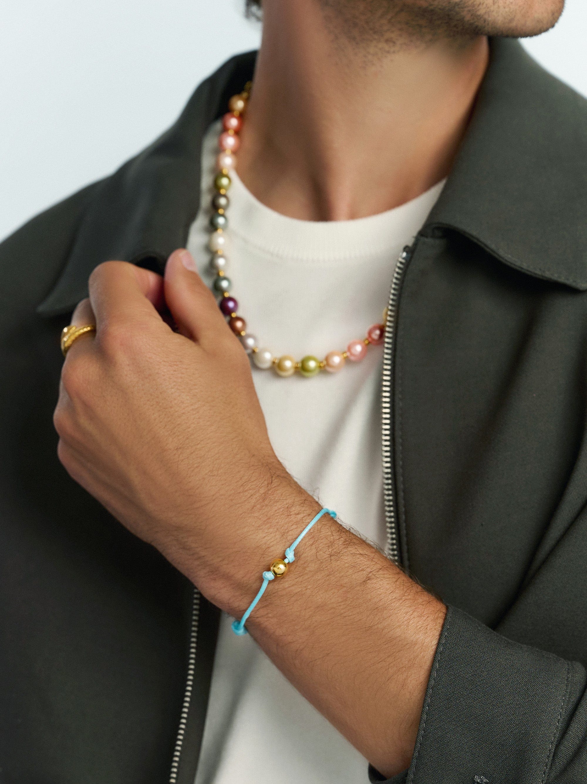Nialaya Men's String Bracelet Light Blue String Bracelet with Gold Light Blue String Bracelet with Gold MST_054