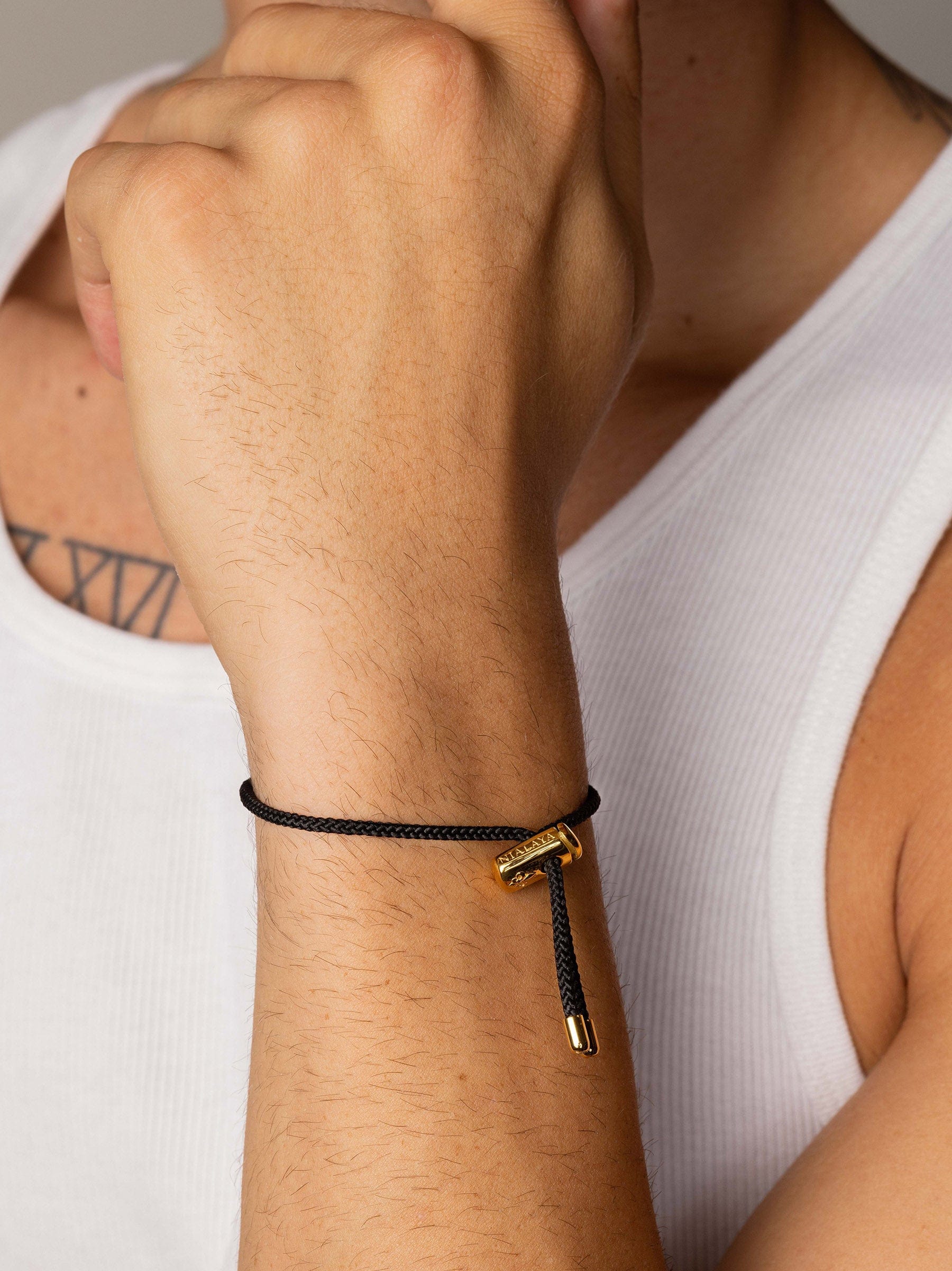 Nialaya Men's String Bracelet Men's Black String Bracelet with Adjustable Gold Lock MST_034