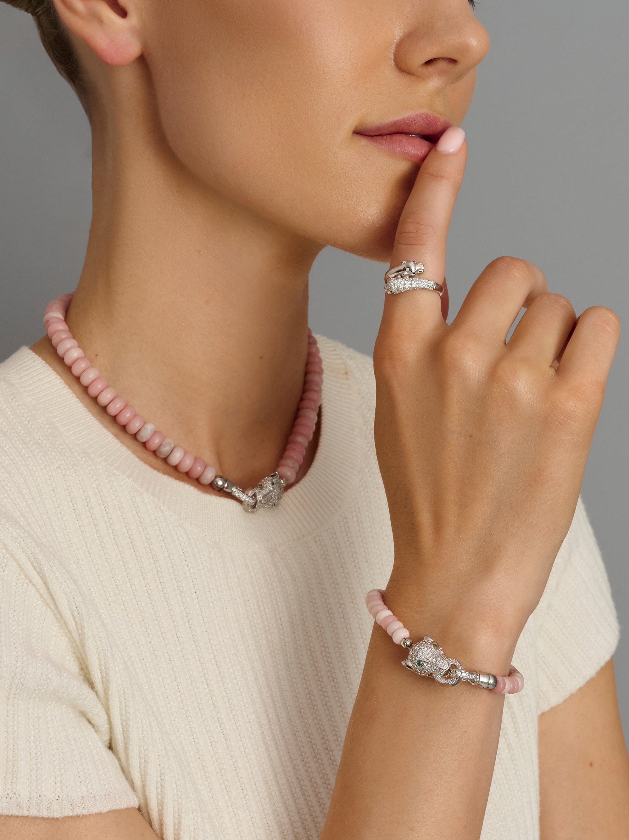Nialaya Women's Beaded Bracelet Pink Opal Bracelet with Panther Head in Silver Pink Opal Bracelet with Panther Head in Silver
