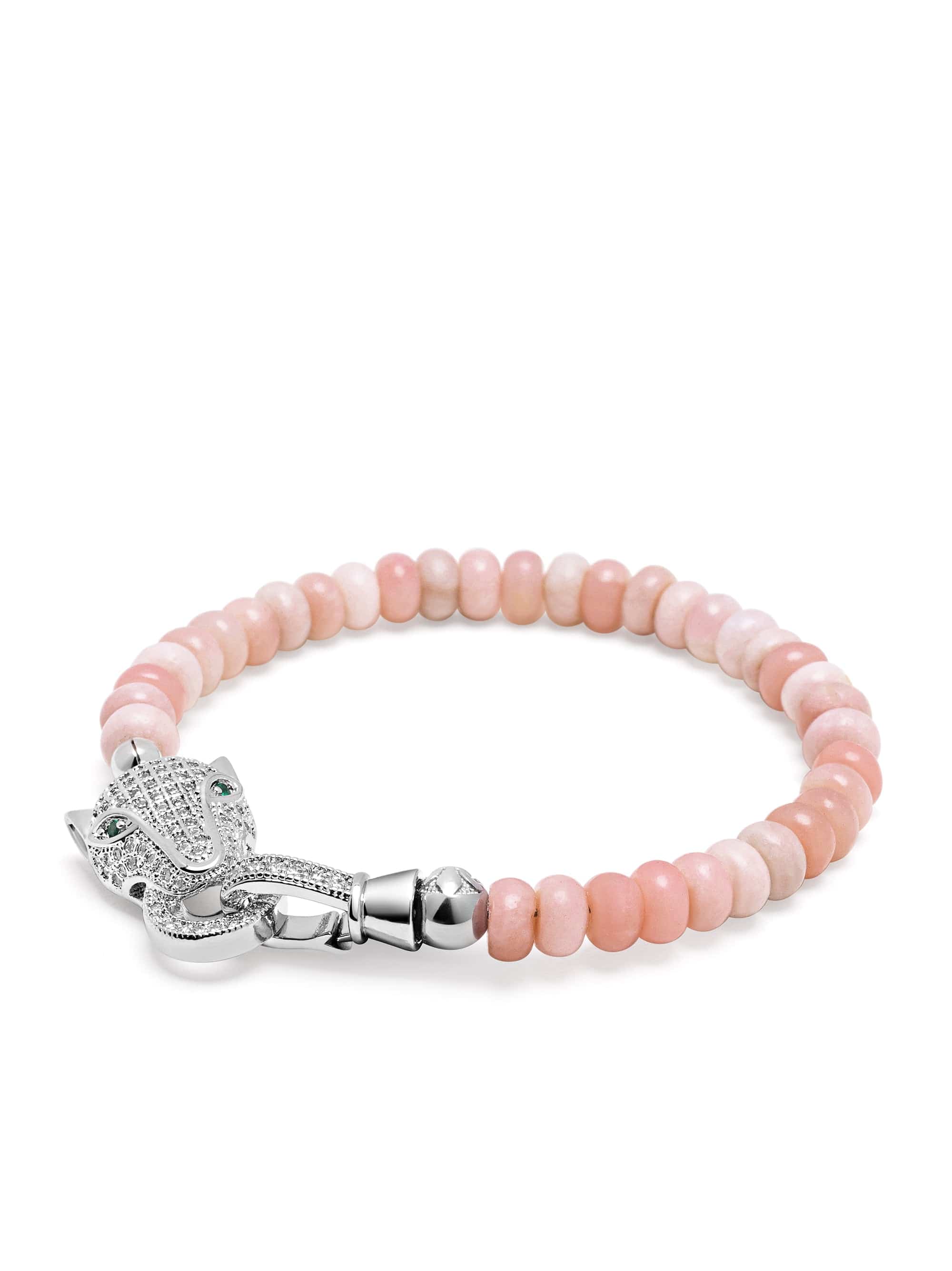 Nialaya Women's Beaded Bracelet Pink Opal Bracelet with Panther Head in Silver Pink Opal Bracelet with Panther Head in Silver