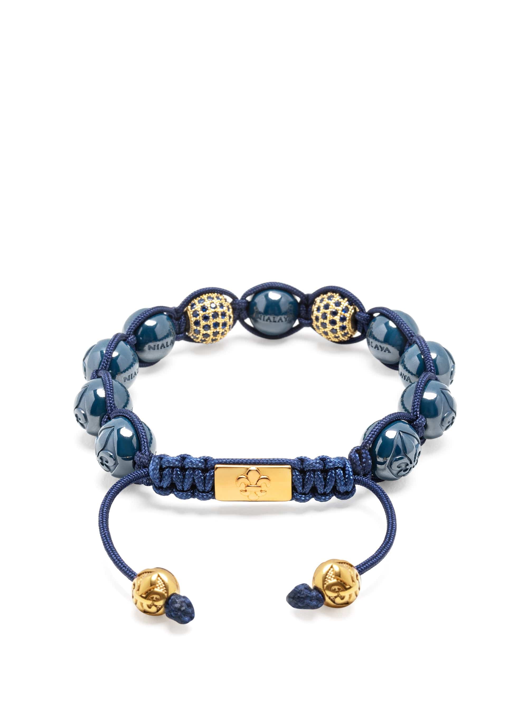 Nialaya Women's Beaded Bracelet Women's Beaded Bracelet with Blue Ceramic and Gold CZ Beads Women's Beaded Bracelet with Blue Ceramic and Gold CZ Beads